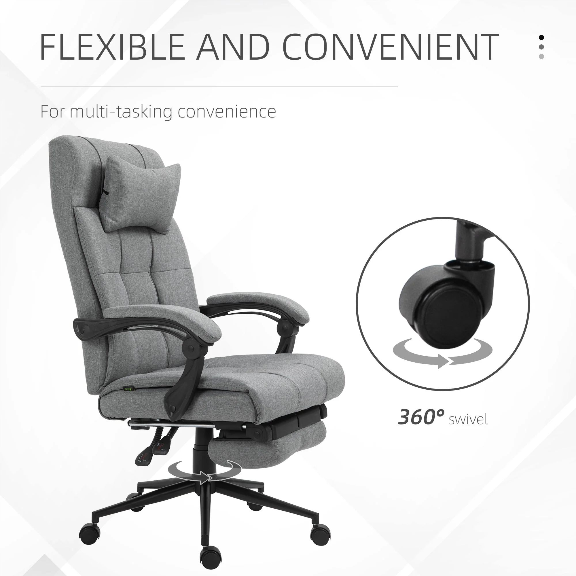 Vinsetto Office Chair With Footrest Ergonomic Office Chair With Armrests Lumber Support And Headrest Light Grey - Image 6