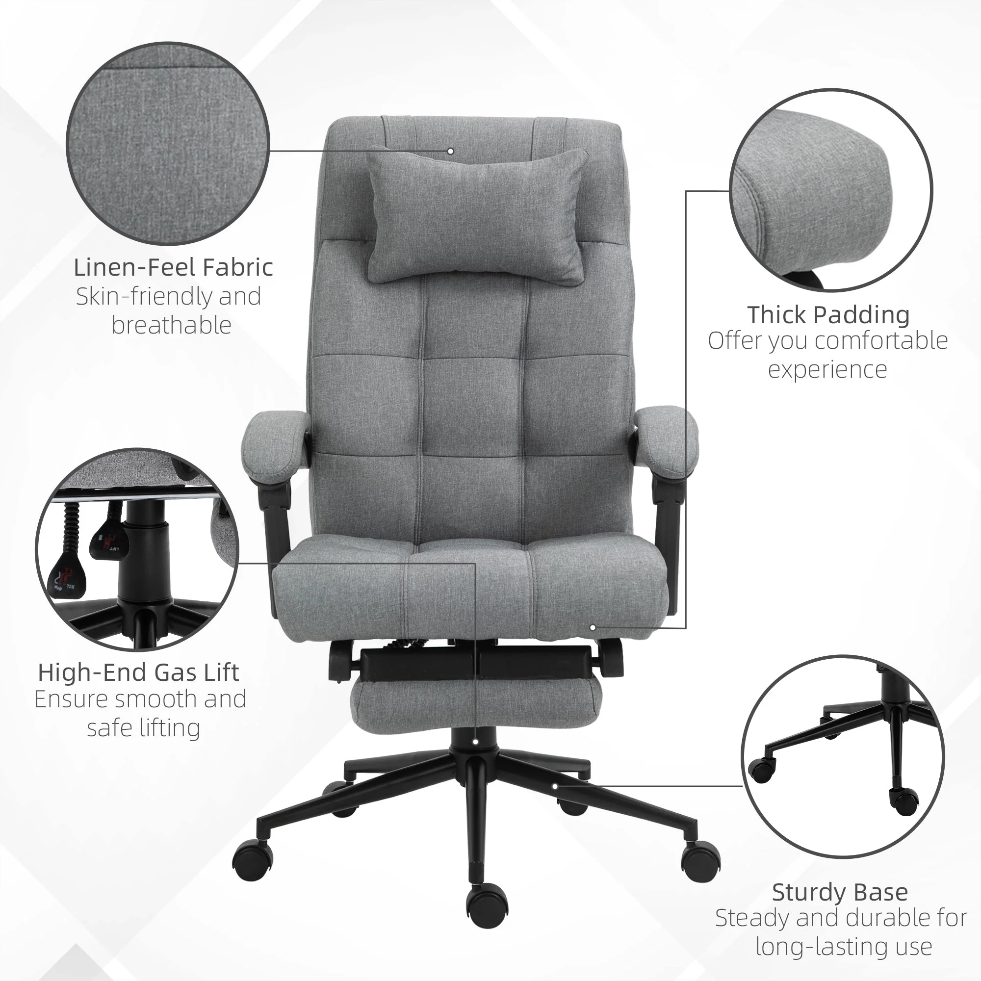 Vinsetto Office Chair With Footrest Ergonomic Office Chair With Armrests Lumber Support And Headrest Light Grey - Image 7