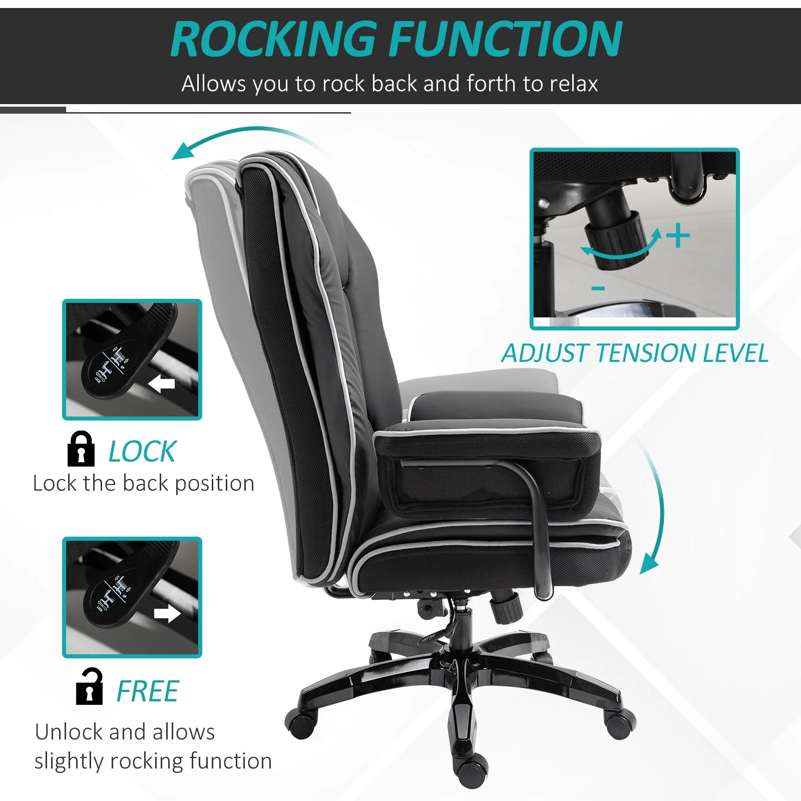 Vinsetto PU Upholstered Recliner Office Chair Black - Image 6