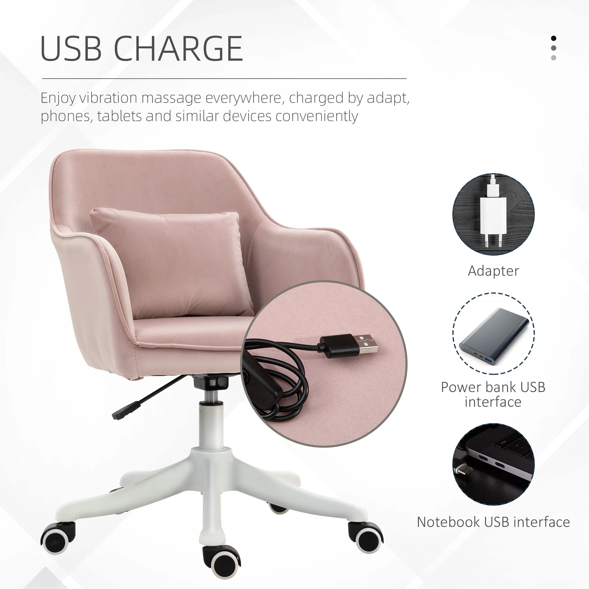 Vinsetto Velvet-Feel Office Chair with Rechargeable Electric Vibration Massage Lumbar Pillow - Image 4