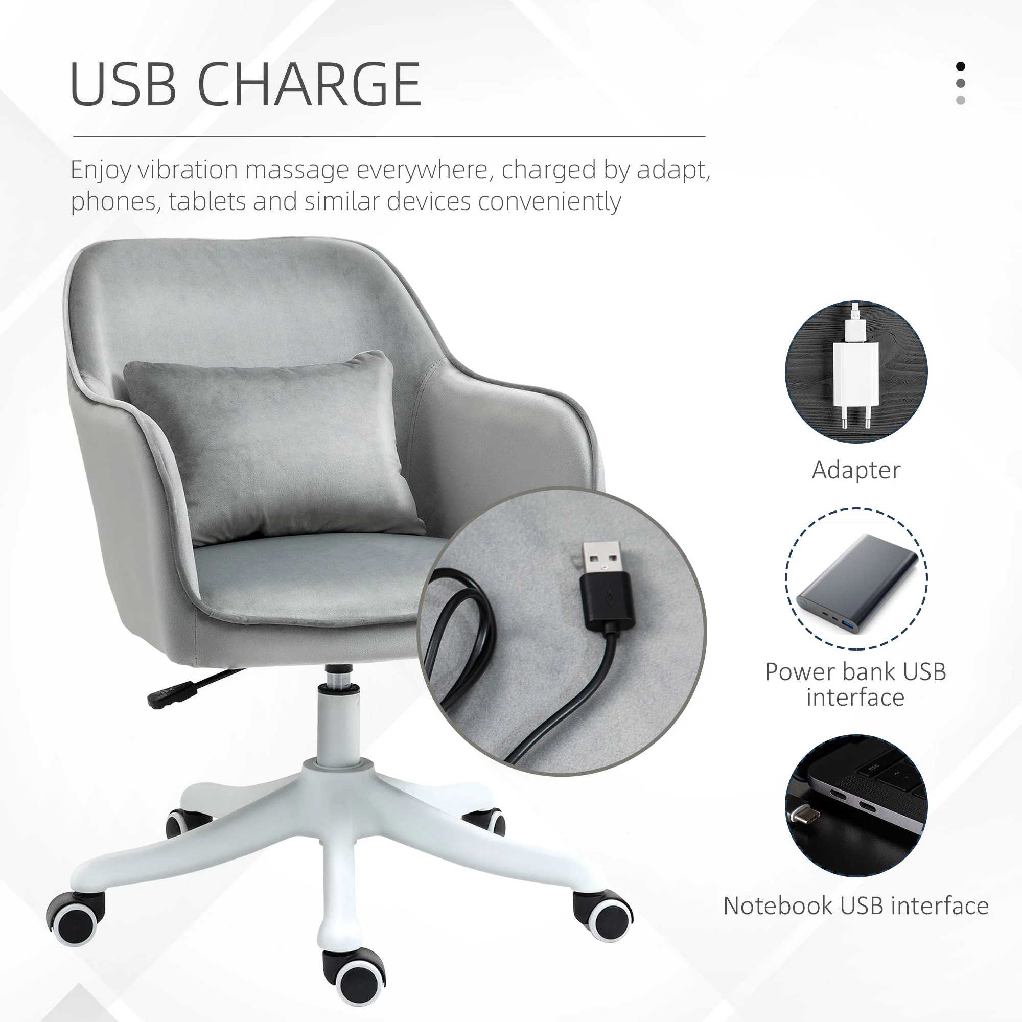Vinsetto Velvet-Feel Office Chair with Rechargeable Electric Vibration Massage Lumbar Pillow - Image 3