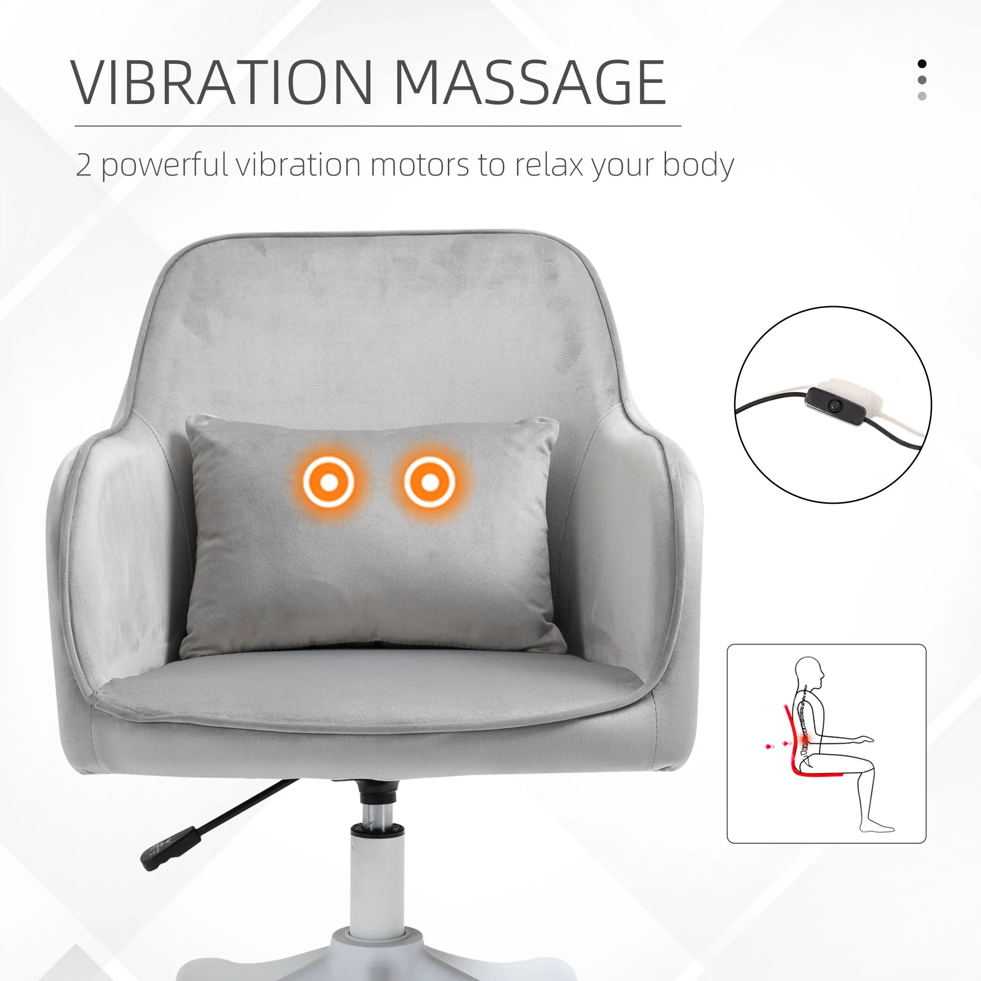 Vinsetto Velvet-Feel Office Chair with Rechargeable Electric Vibration Massage Lumbar Pillow - Image 7
