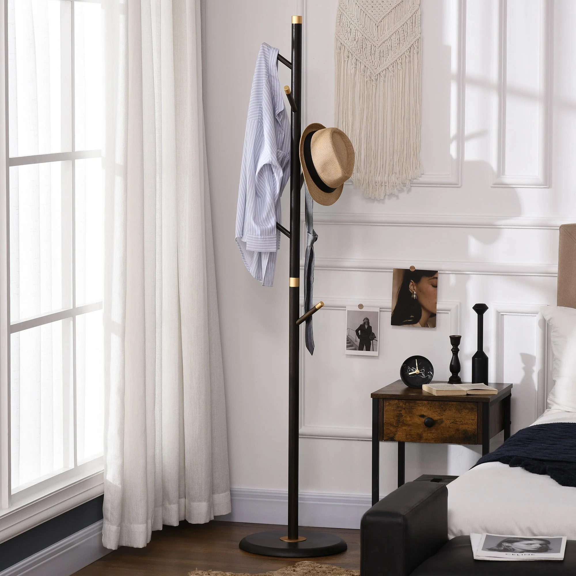 Vintage Coat Rack Stand Freestanding Hall Tree With 6 Hooks Bamboo Frame For Entryway Hallway Bedroom Walnut - Image 2