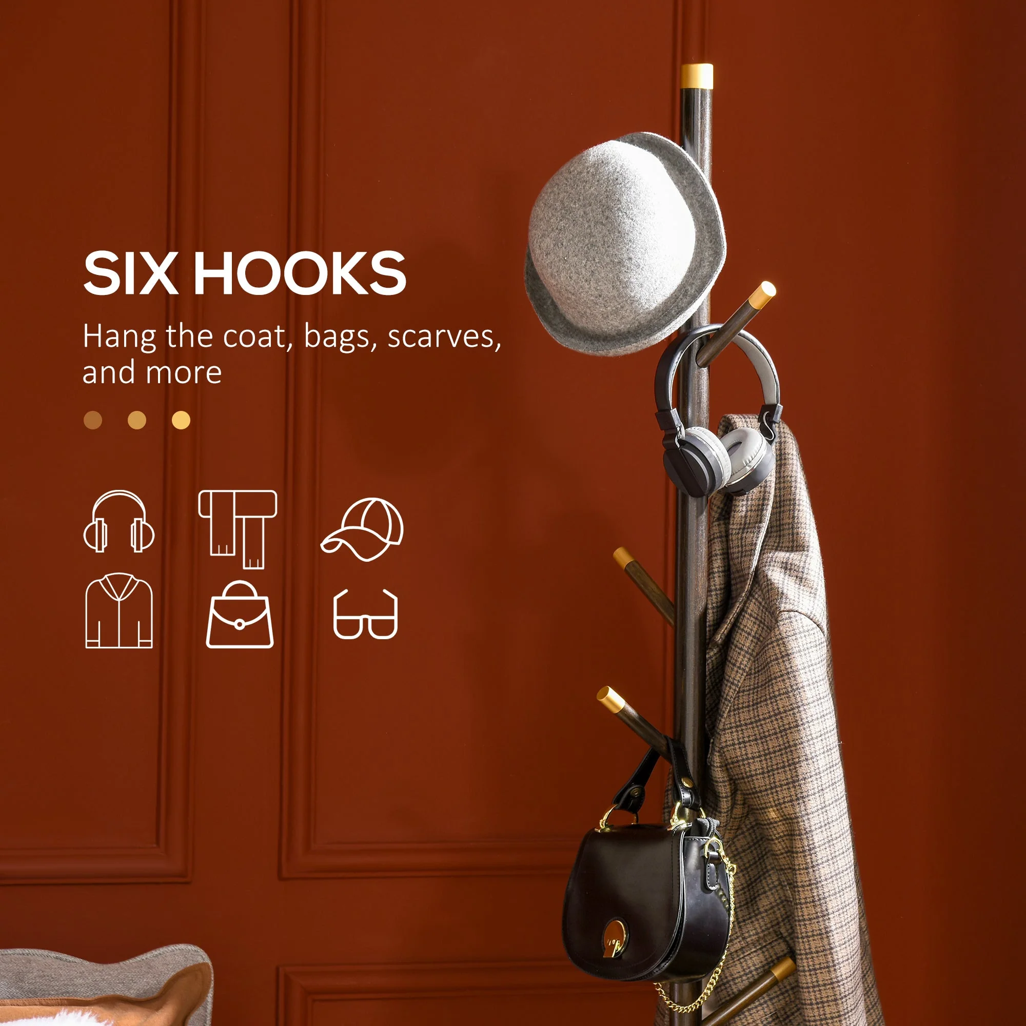 Vintage Coat Rack Stand Freestanding Hall Tree With 6 Hooks Bamboo Frame For Entryway Hallway Bedroom Walnut - Image 5