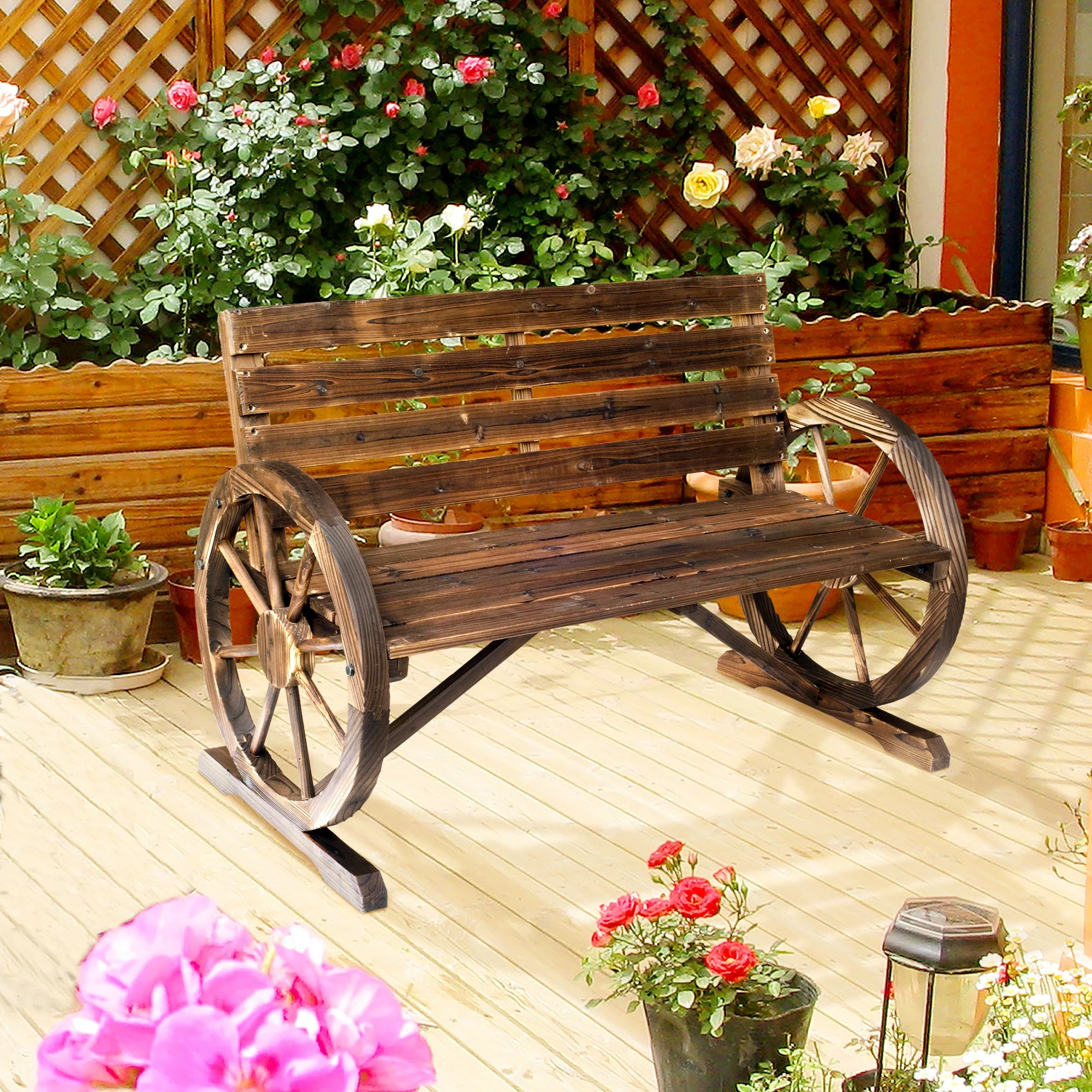 Wagon Wheel Chair Bench Armrest Rustic Loveseat Wood Outdoor Garden - Image 2