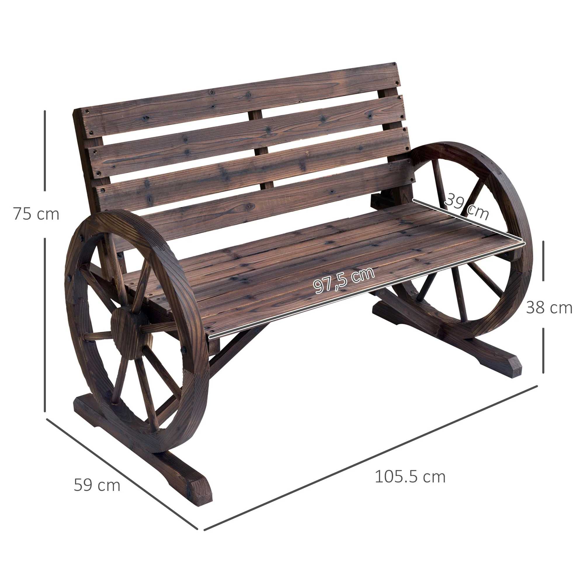 Wagon Wheel Chair Bench Armrest Rustic Loveseat Wood Outdoor Garden - Image 3
