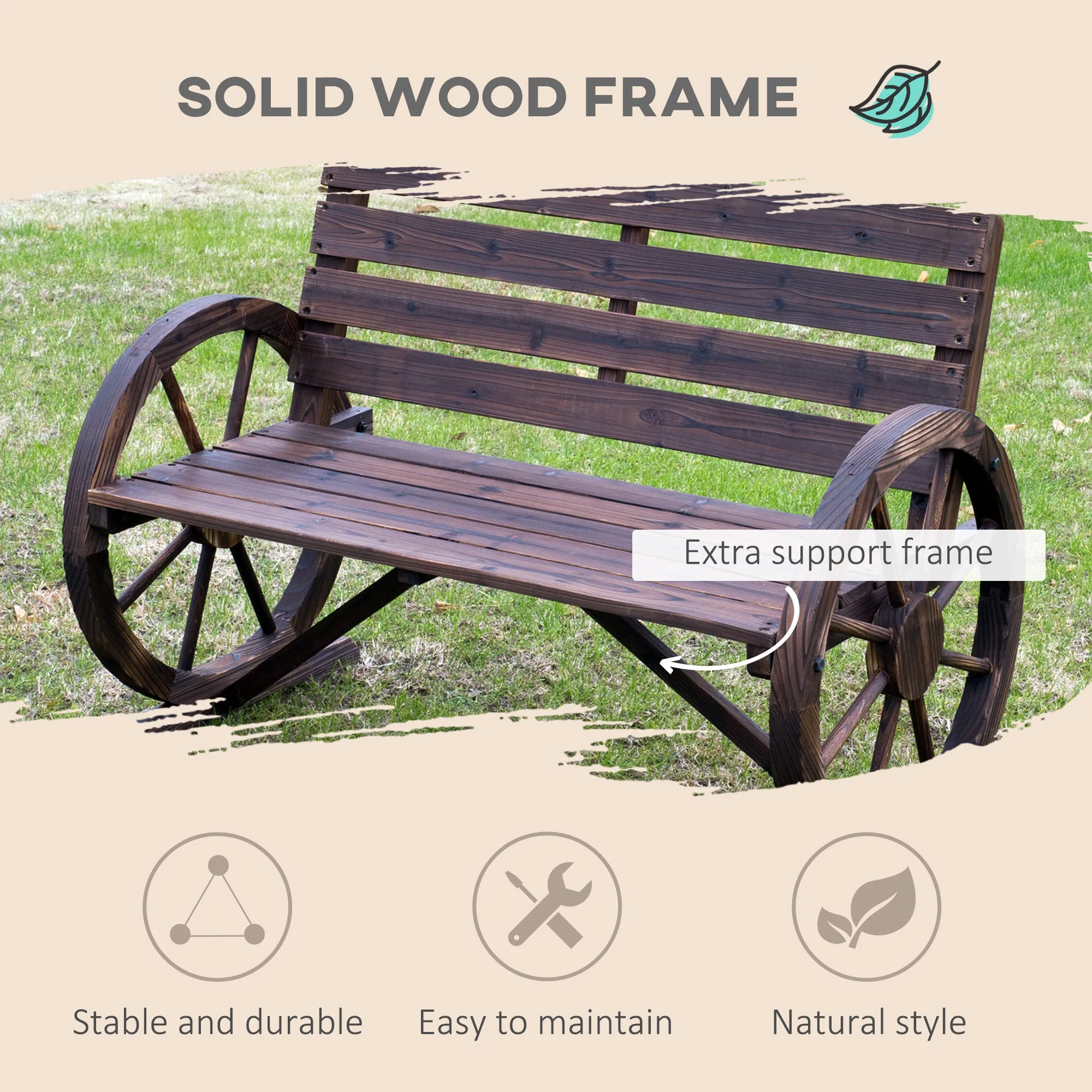 Wagon Wheel Chair Bench Armrest Rustic Loveseat Wood Outdoor Garden - Image 4