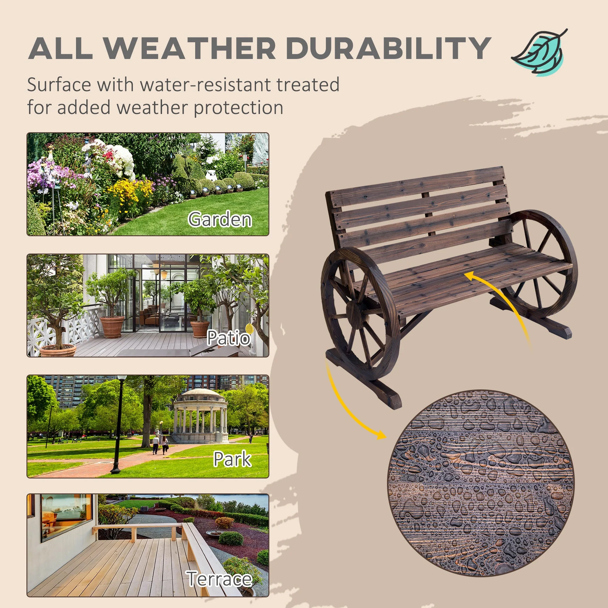 Wagon Wheel Chair Bench Armrest Rustic Loveseat Wood Outdoor Garden - Image 6