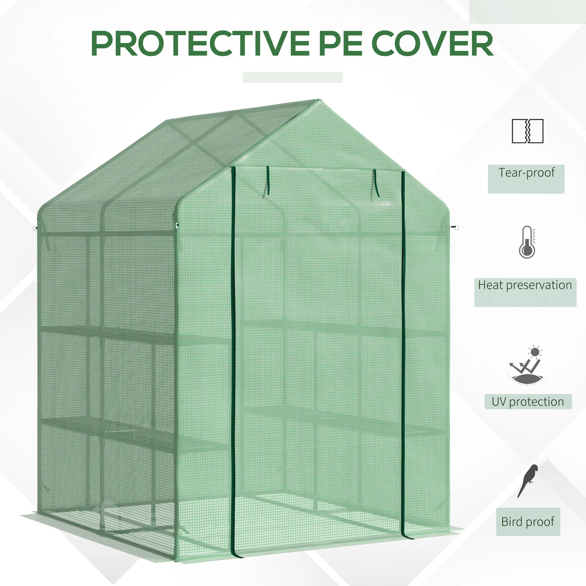 Walk in Garden Greenhouse with Shelves Polytunnel Steeple Green house Grow House Removable Cover 143x138x190cm - Image 4