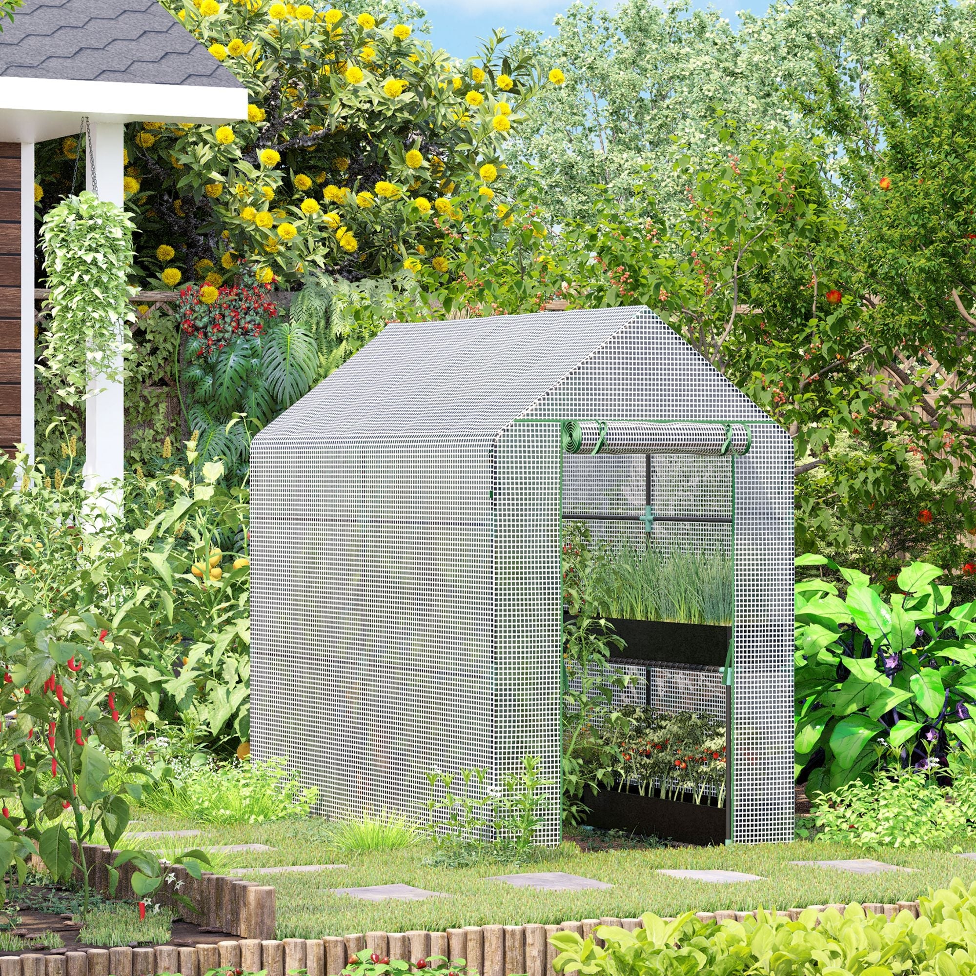 Walk in Garden Greenhouse with Shelves Polytunnel Steeple Grow House 186L x 120W 190H cm White - Image 2