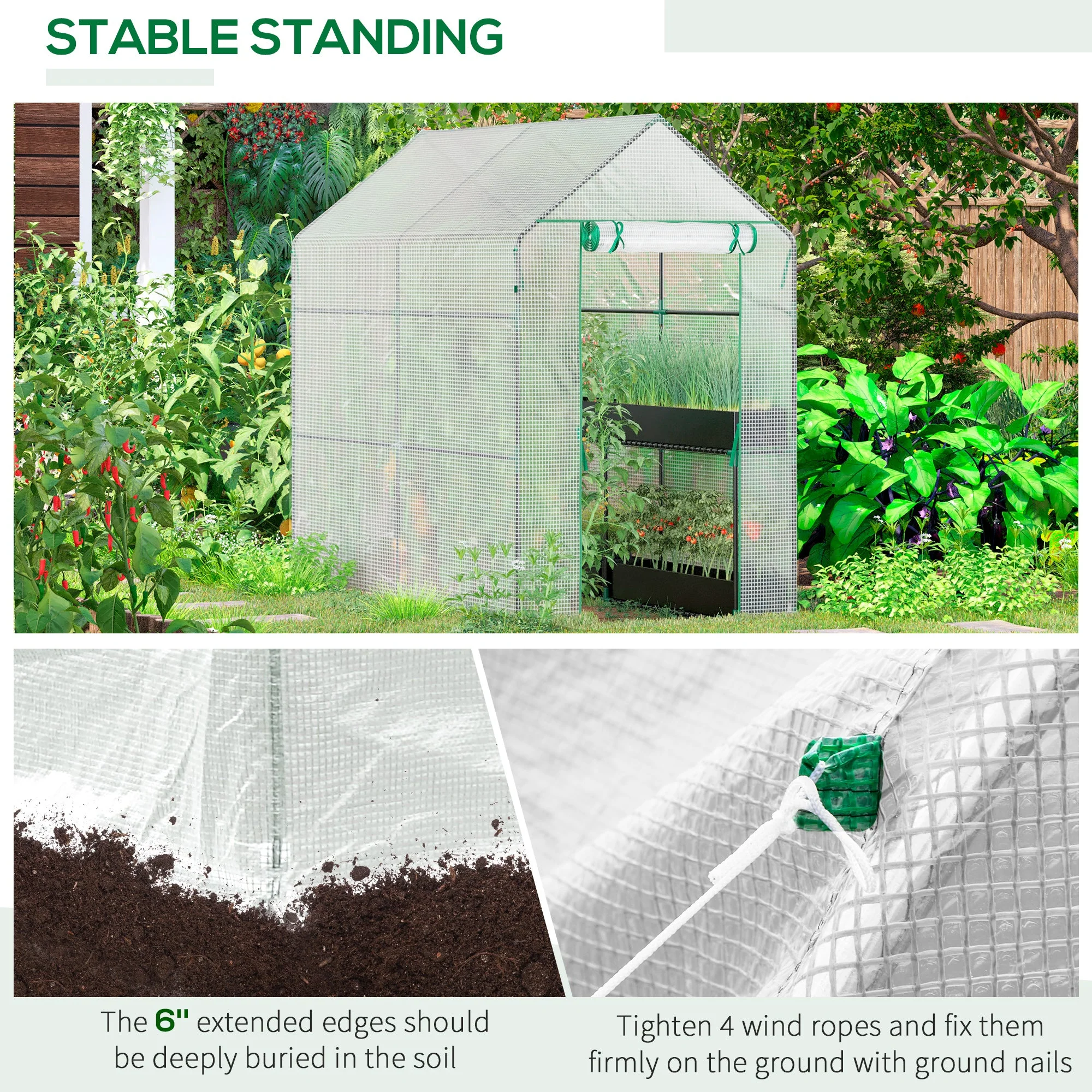 Walk in Garden Greenhouse with Shelves Polytunnel Steeple Grow House 186L x 120W 190H cm White - Image 6
