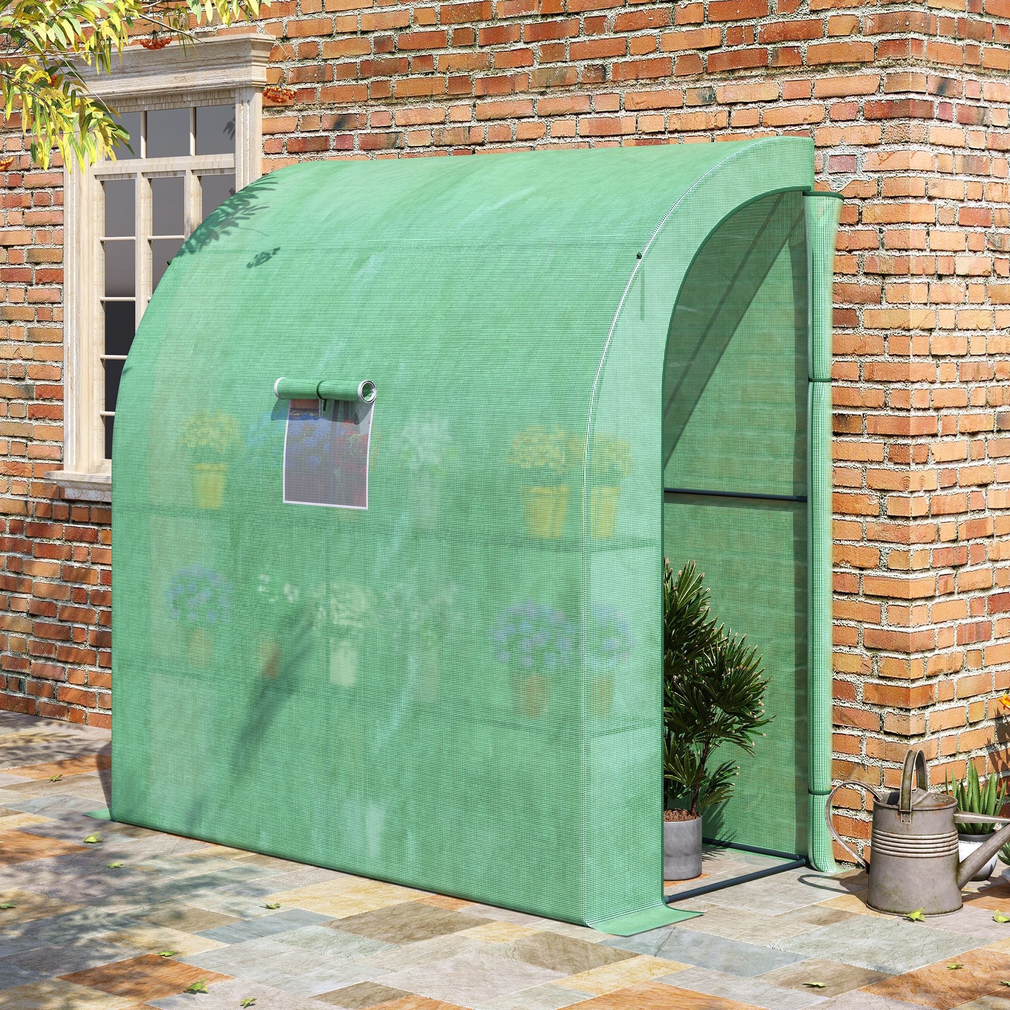 Walk-In Lean to Wall Greenhouse with Windows and Doors 2 Tiers 4 Wired Shelves 200L x 100W x 215H cm Green - Image 2