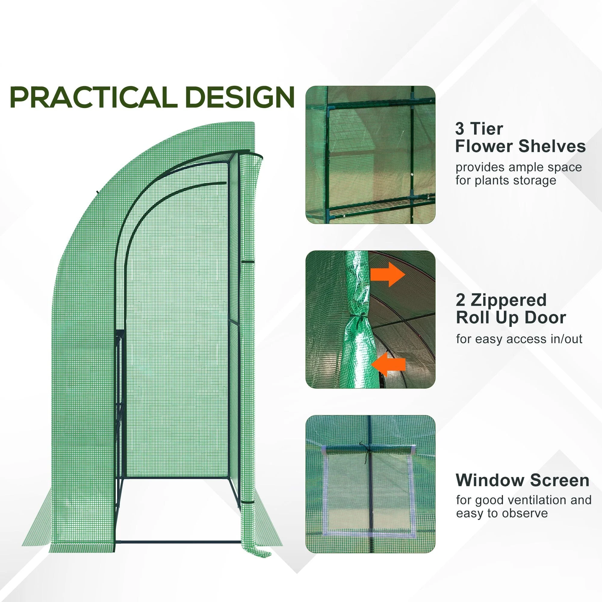 Walk-In Lean to Wall Greenhouse with Windows and Doors 2 Tiers 4 Wired Shelves 200L x 100W x 215H cm Green - Image 7