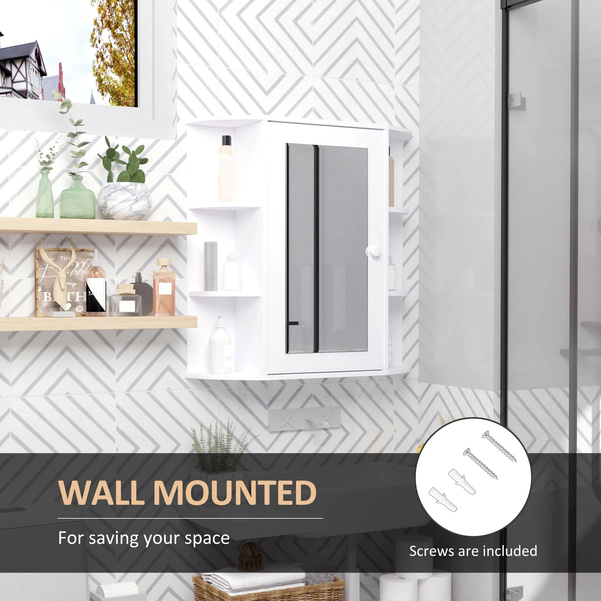 Wall Mounted Bathroom Cabinet with Mirror Single Door Storage Organizer 2-tier Inner Shelves White - Image 6