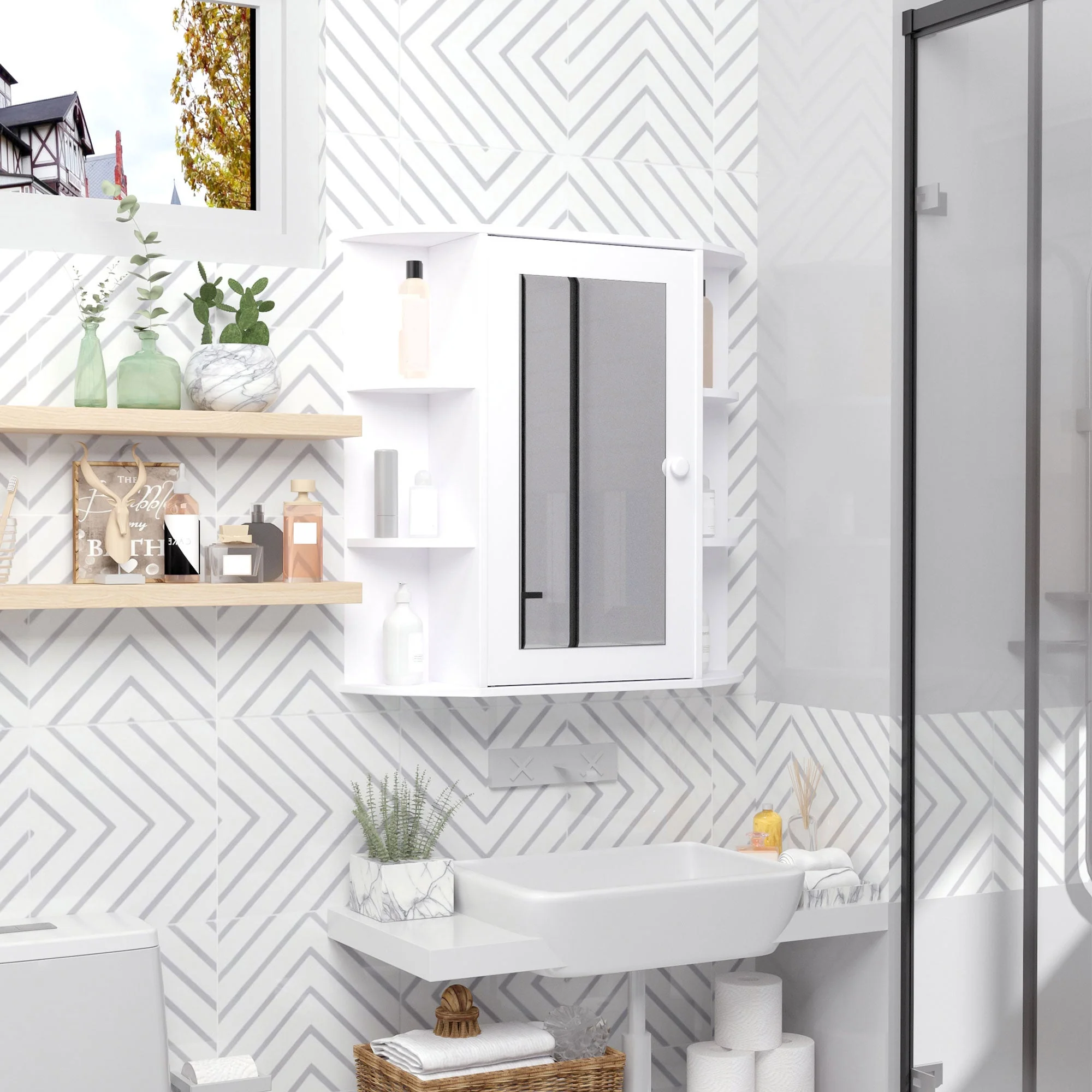 Wall Mounted Bathroom Cabinet with Mirror Single Door Storage Organizer 2-tier Inner Shelves White - Image 8