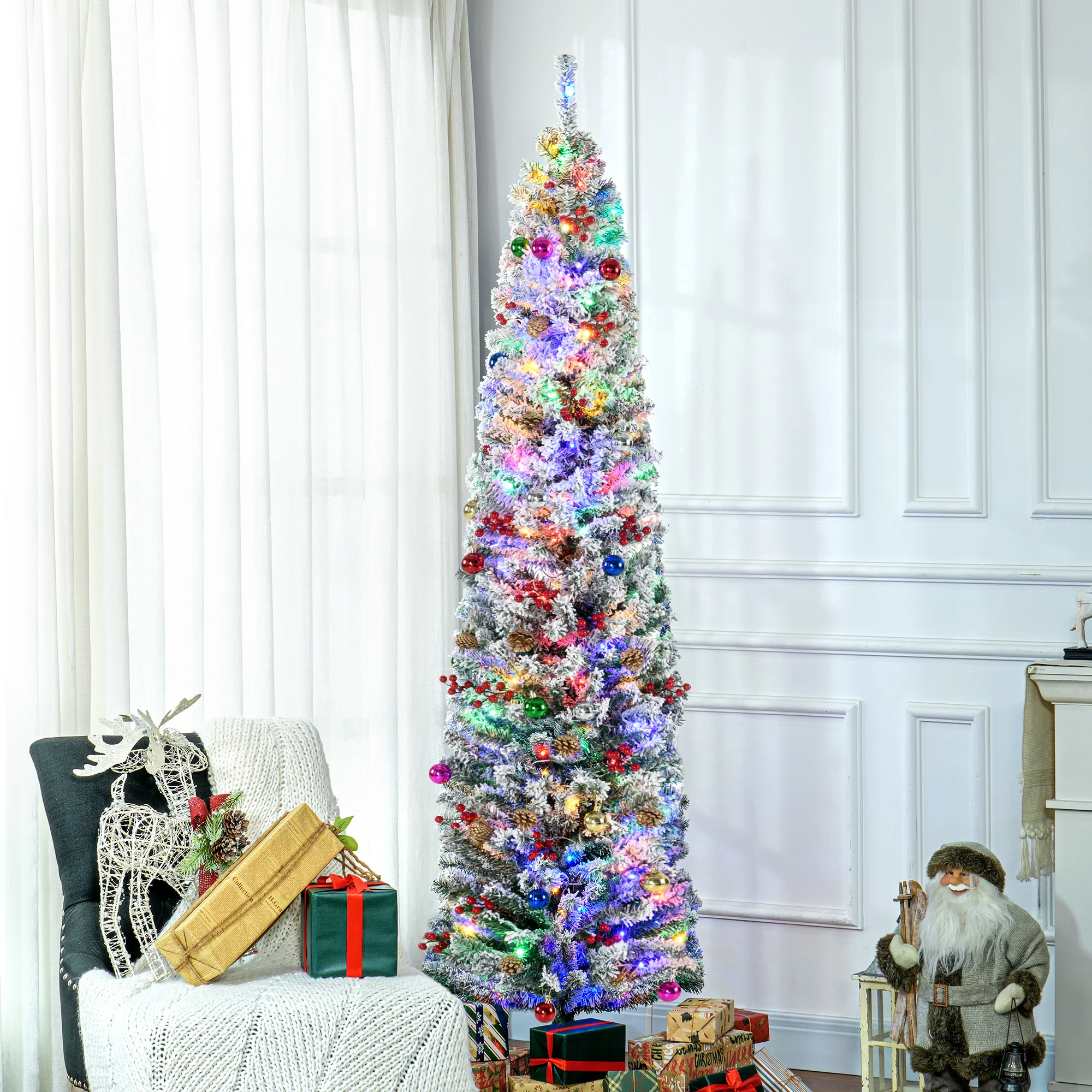 7ft Decorated Christmas Tree Artificial - White Frosted Green with LED Lights Multicoloured 592 Tips - Image 2