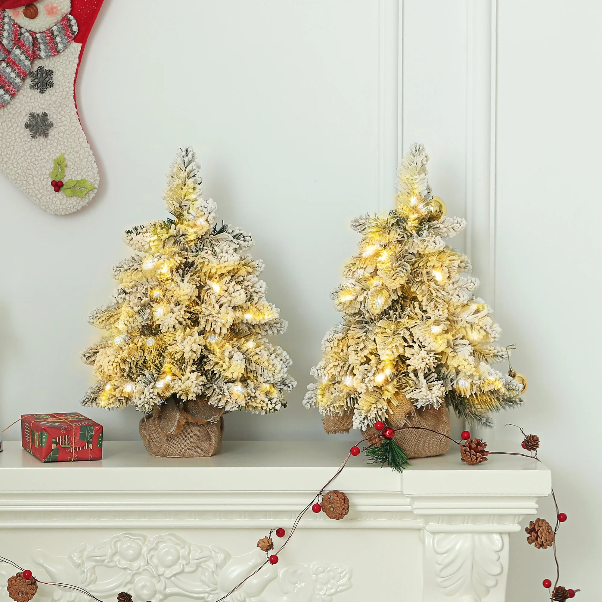 2x 1ft Burlap Base Christmas Tree Artificial - White Frosted Green Ornament Warm White 50 Tips - Image 2