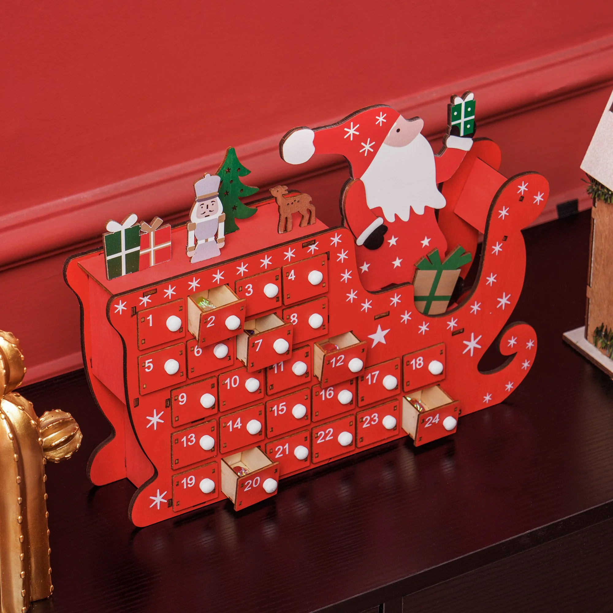 Christmas Sleigh Advent Calendar Red - 36cm - Image 7