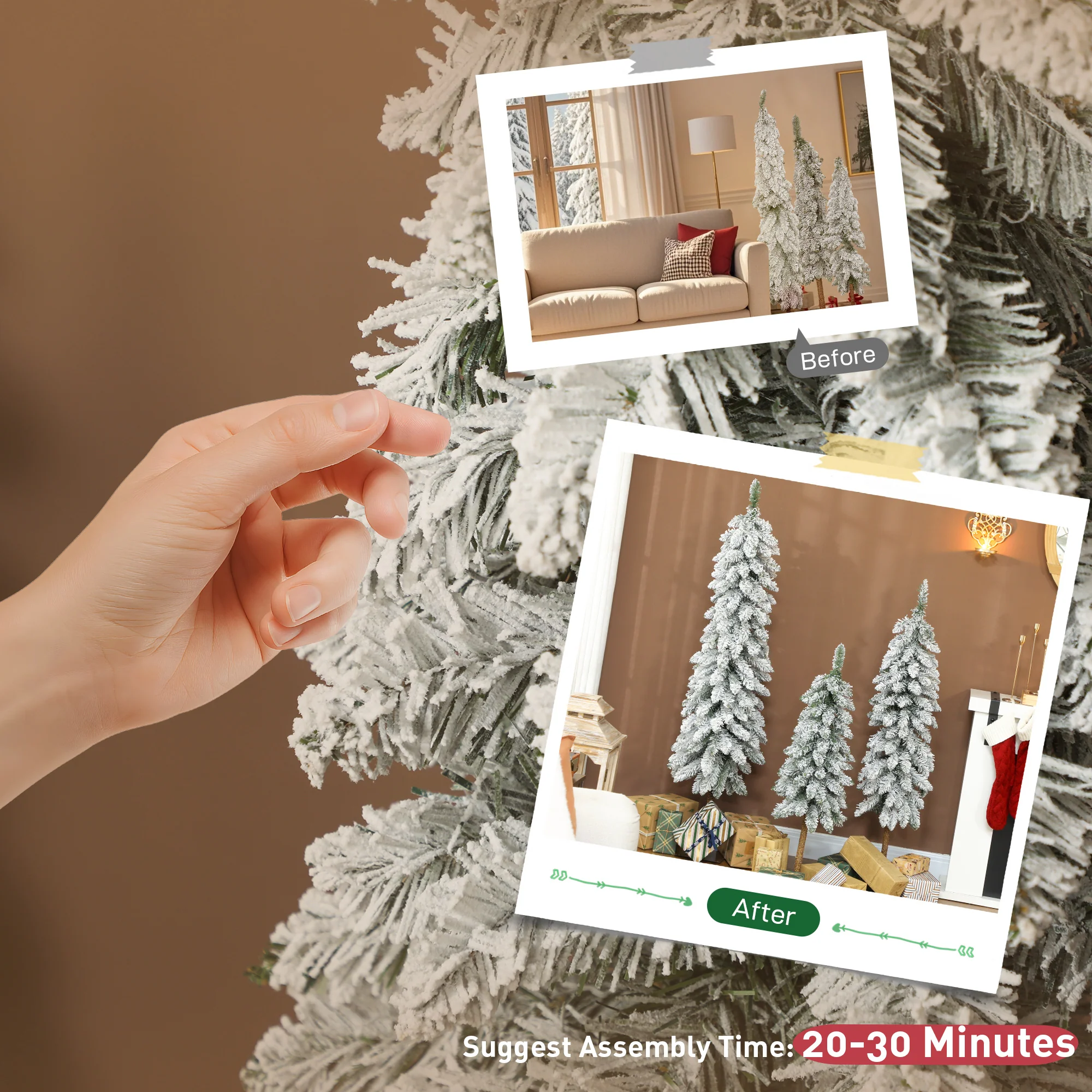 3x Slim Pencil Christmas Tree Artificial - White Frosted Green   Tips - Image 6