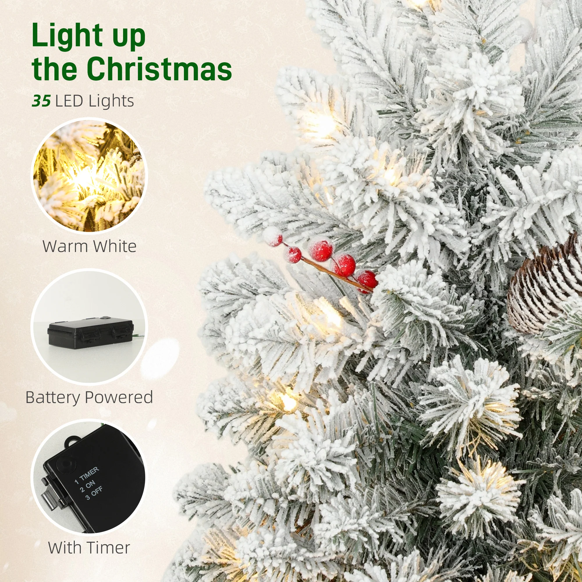 2ft Prelit Christmas Tree Artificial - White Frosted Green Ornament Warm White 72 Tips - Image 5