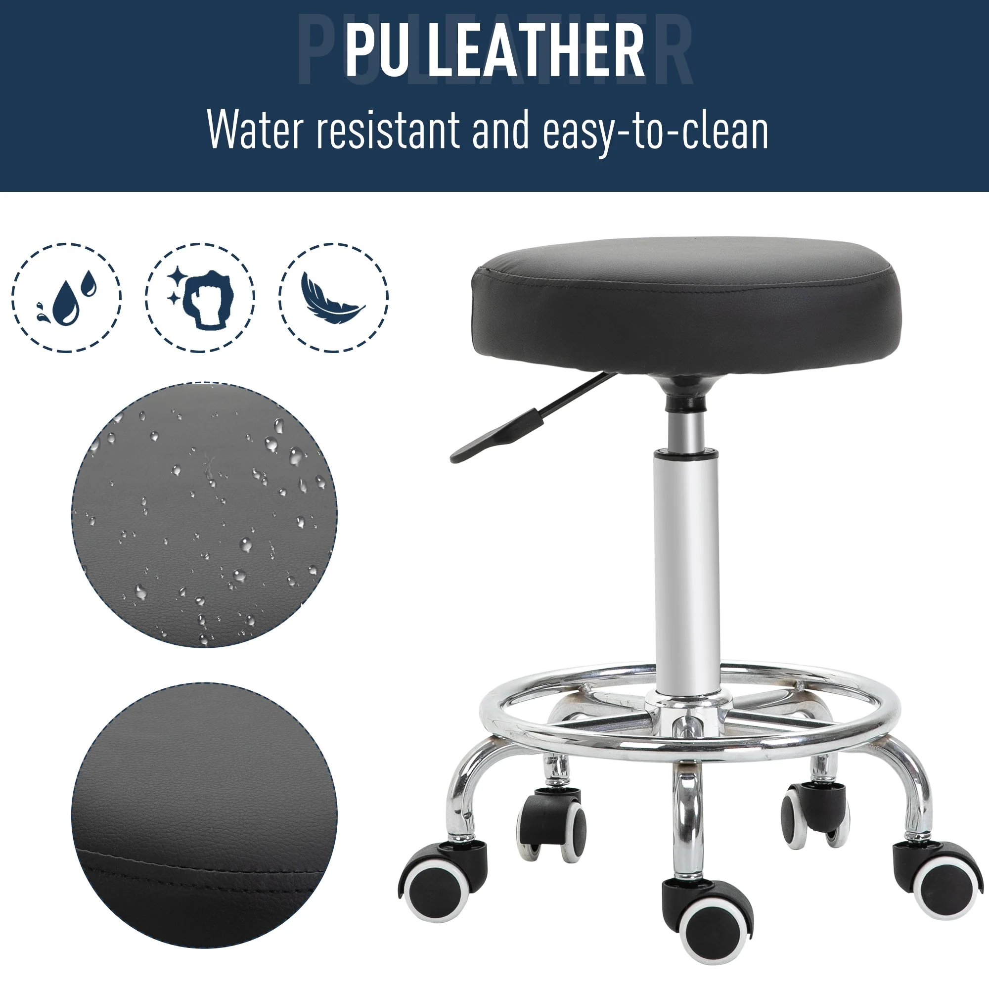 Wheeled Salan Stool Adjustable Height Steel Framed Black by Vinsetto - Image 4