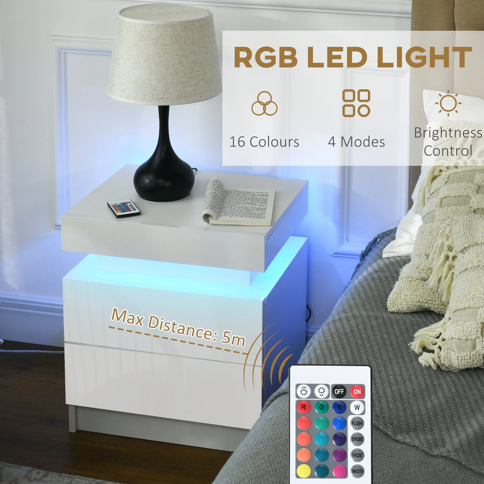 White Bedside Table with LED Light - Image 4