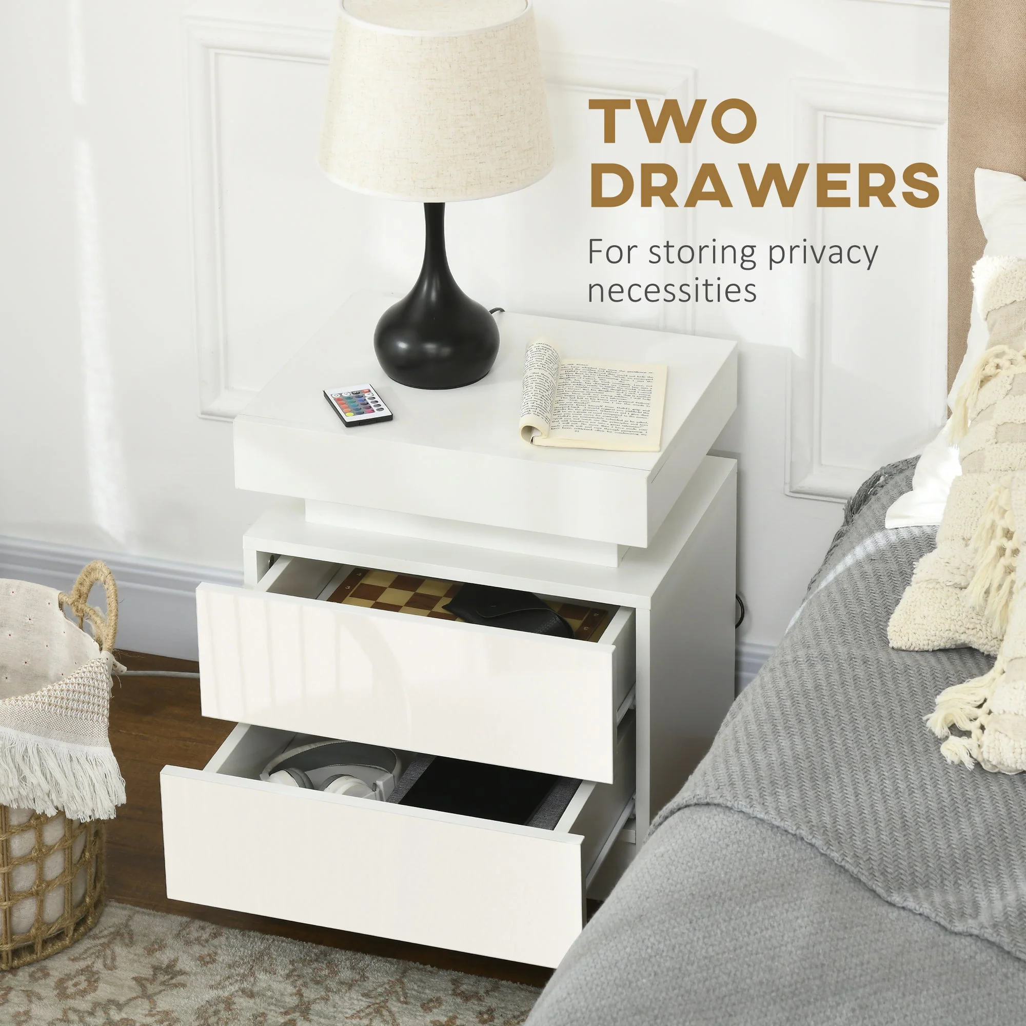 White Bedside Table with LED Light - Image 6