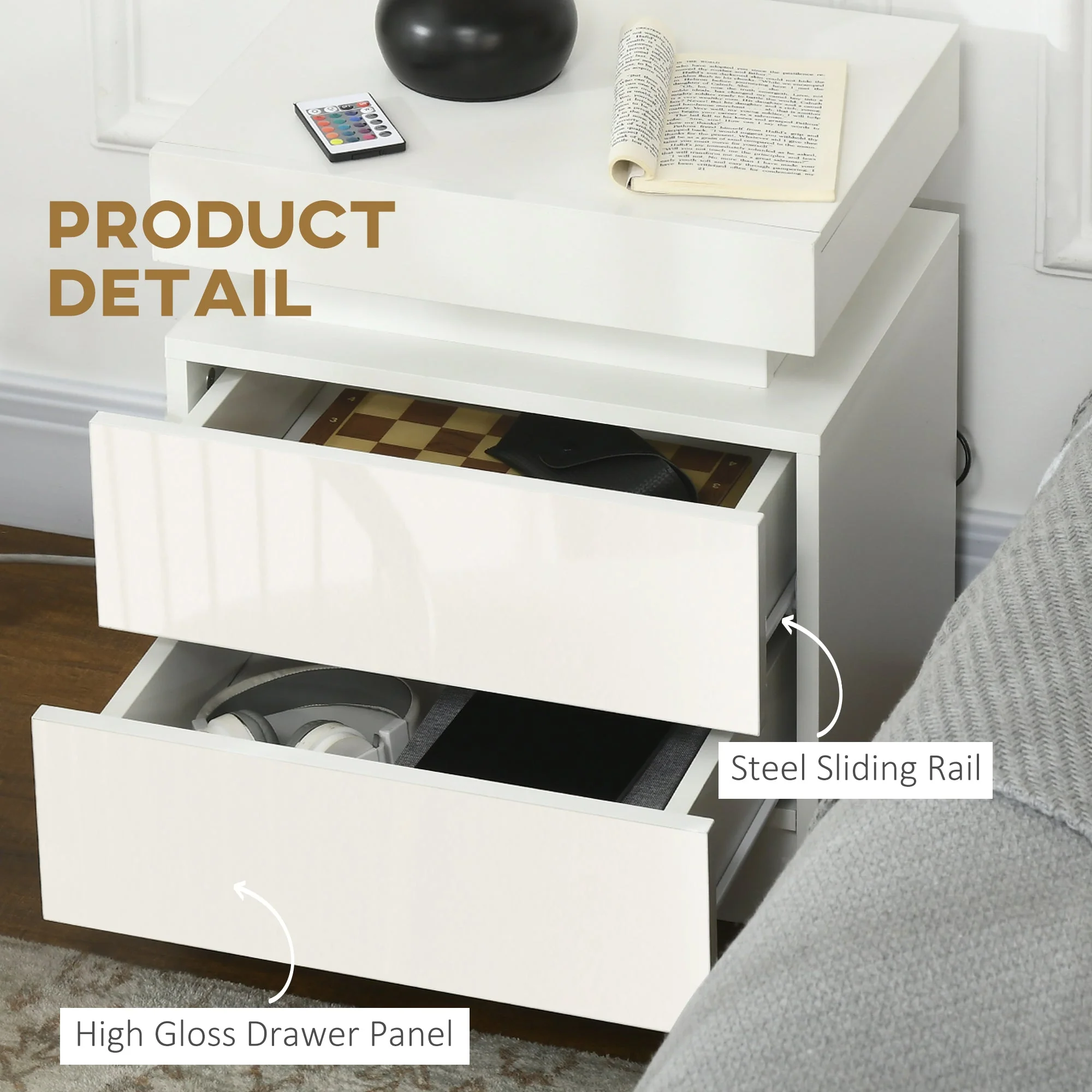 White Bedside Table with LED Light - Image 7