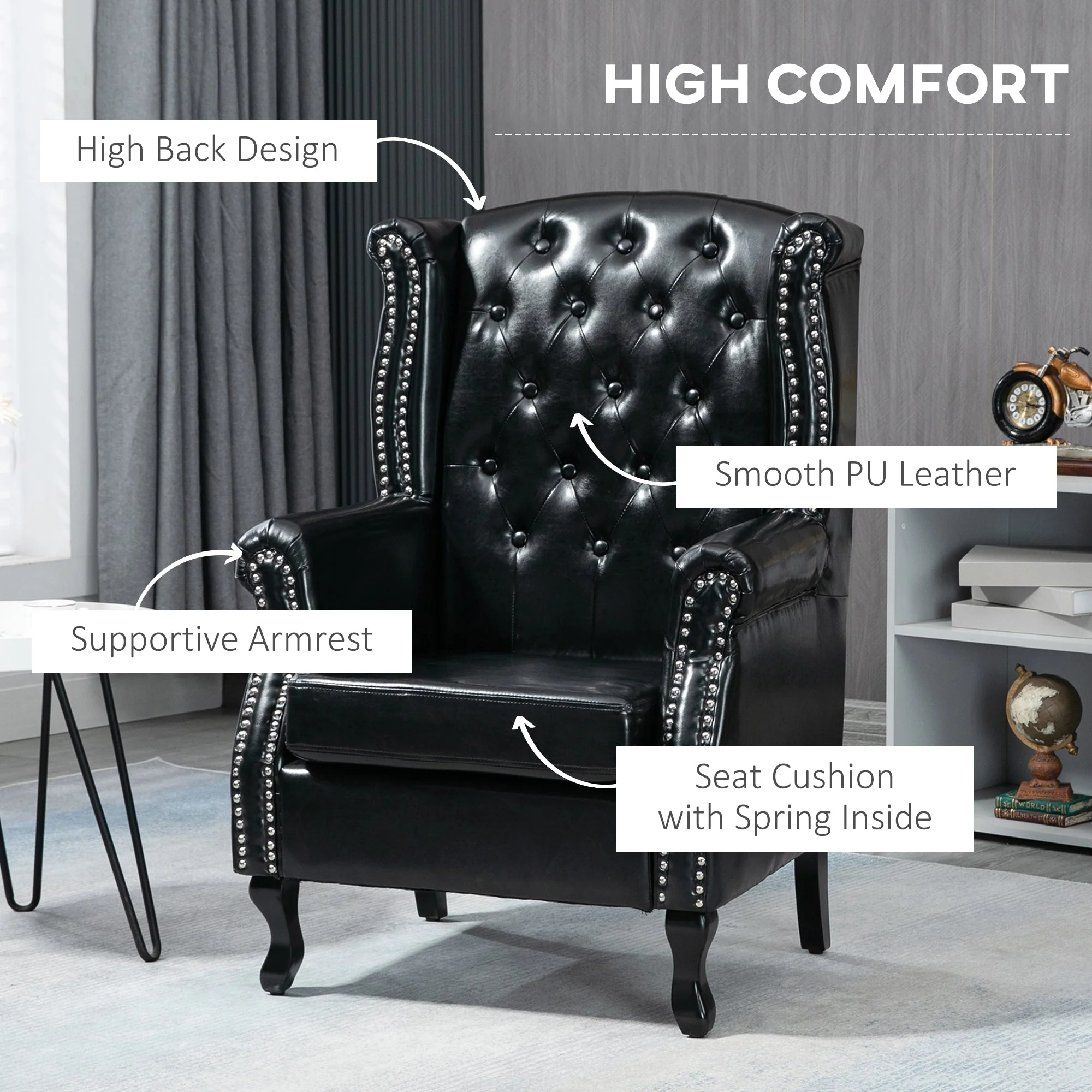 Wingback Accent Chair Tufted Chesterfield-style Armchair with Nail Head Trim for Living Room Bedroom Black - Image 4