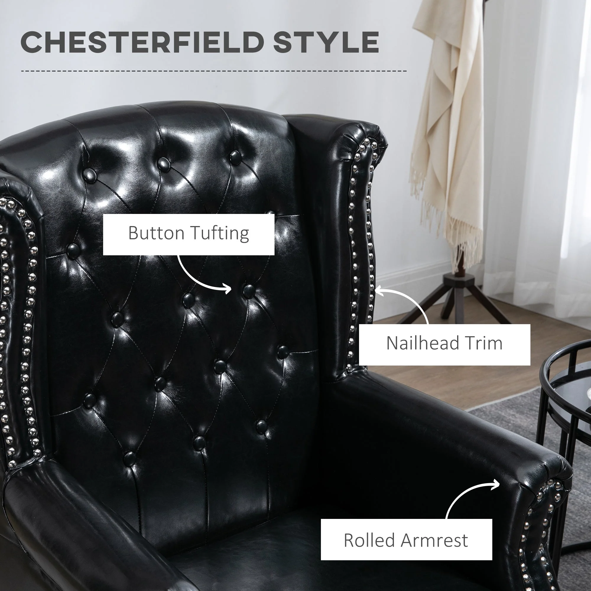 Wingback Accent Chair Tufted Chesterfield-style Armchair with Nail Head Trim for Living Room Bedroom Black - Image 5
