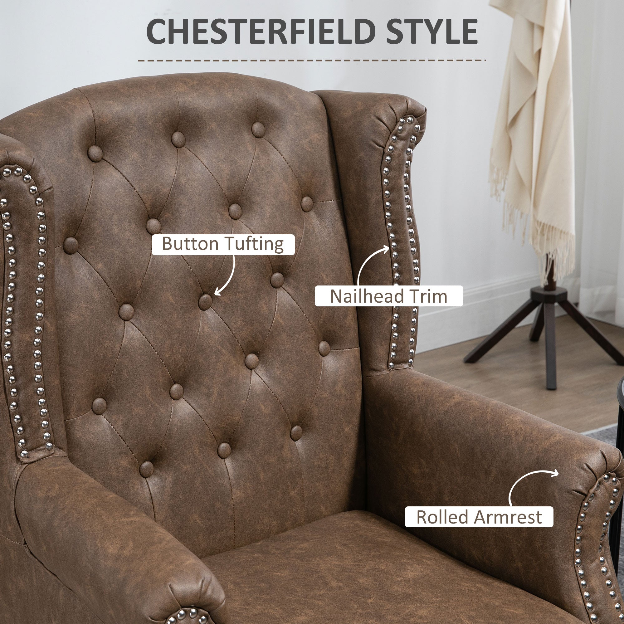 Wingback Accent Chair Tufted Chesterfield-style Armchair with Nail Head Trim for Living Room Bedroom Brown - Image 5
