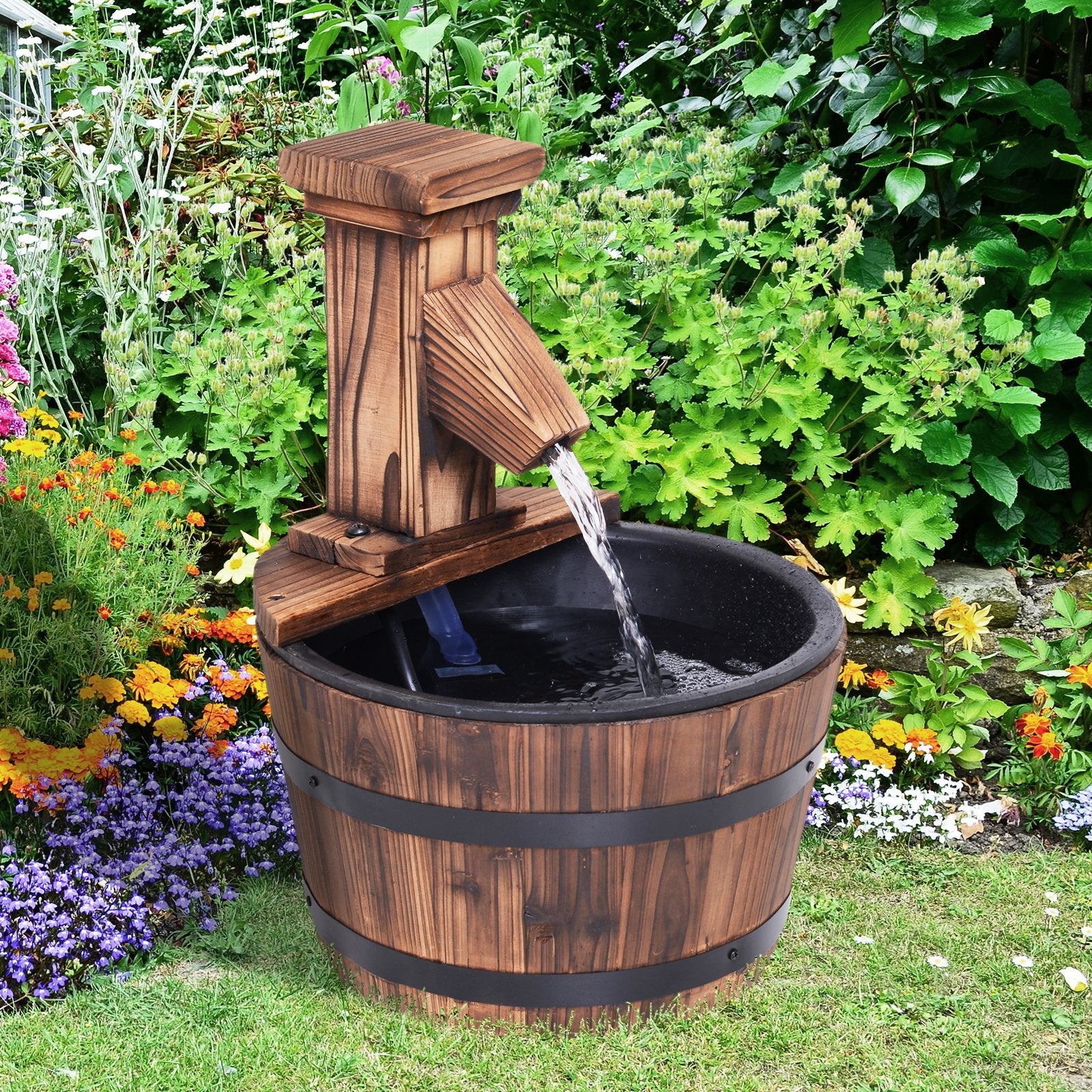 Wood Barrel Patio Water Fountain Garden Decorative Ornament Water Feature with Electric Pump - Image 2