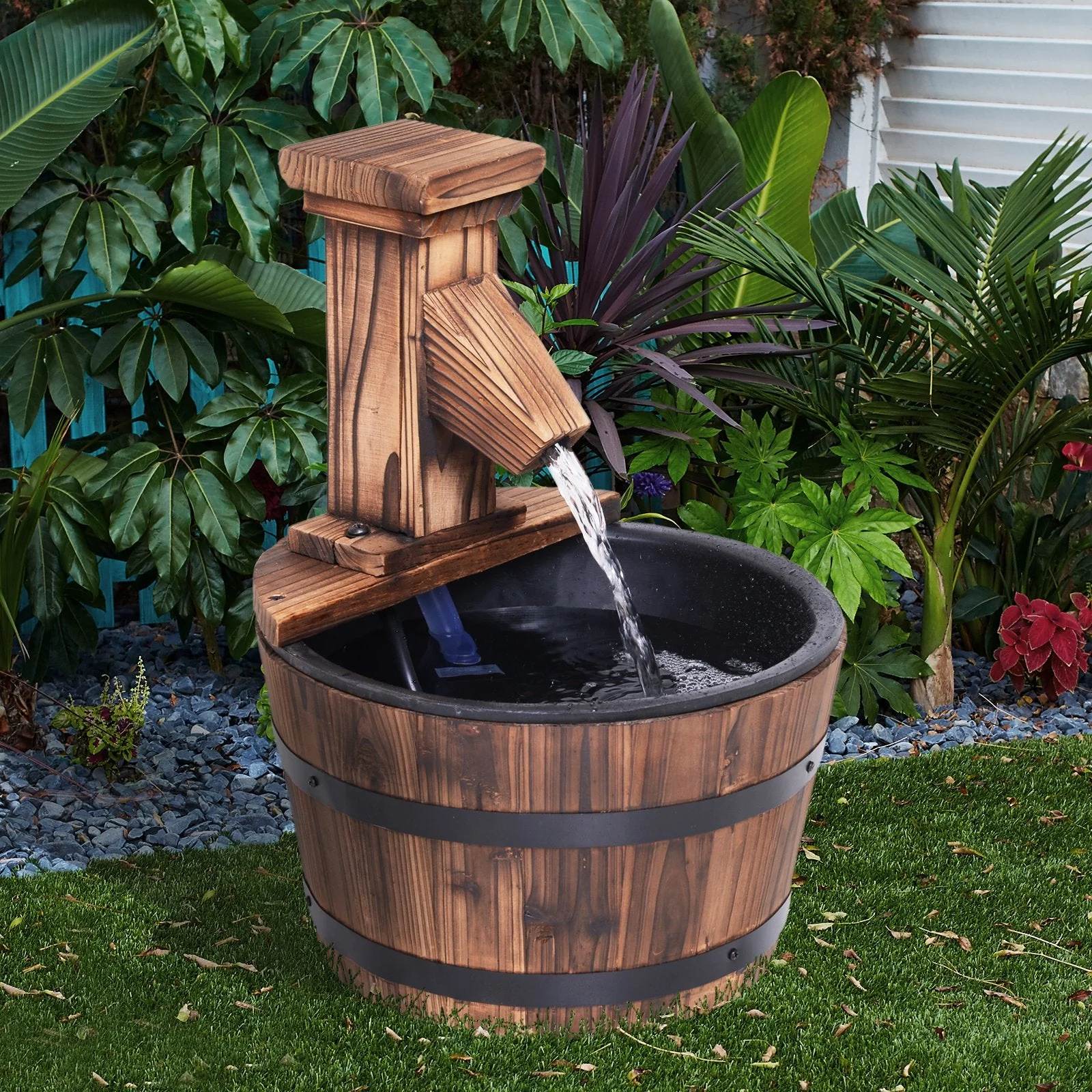 Wood Barrel Patio Water Fountain Garden Decorative Ornament Water Feature with Electric Pump - Image 6