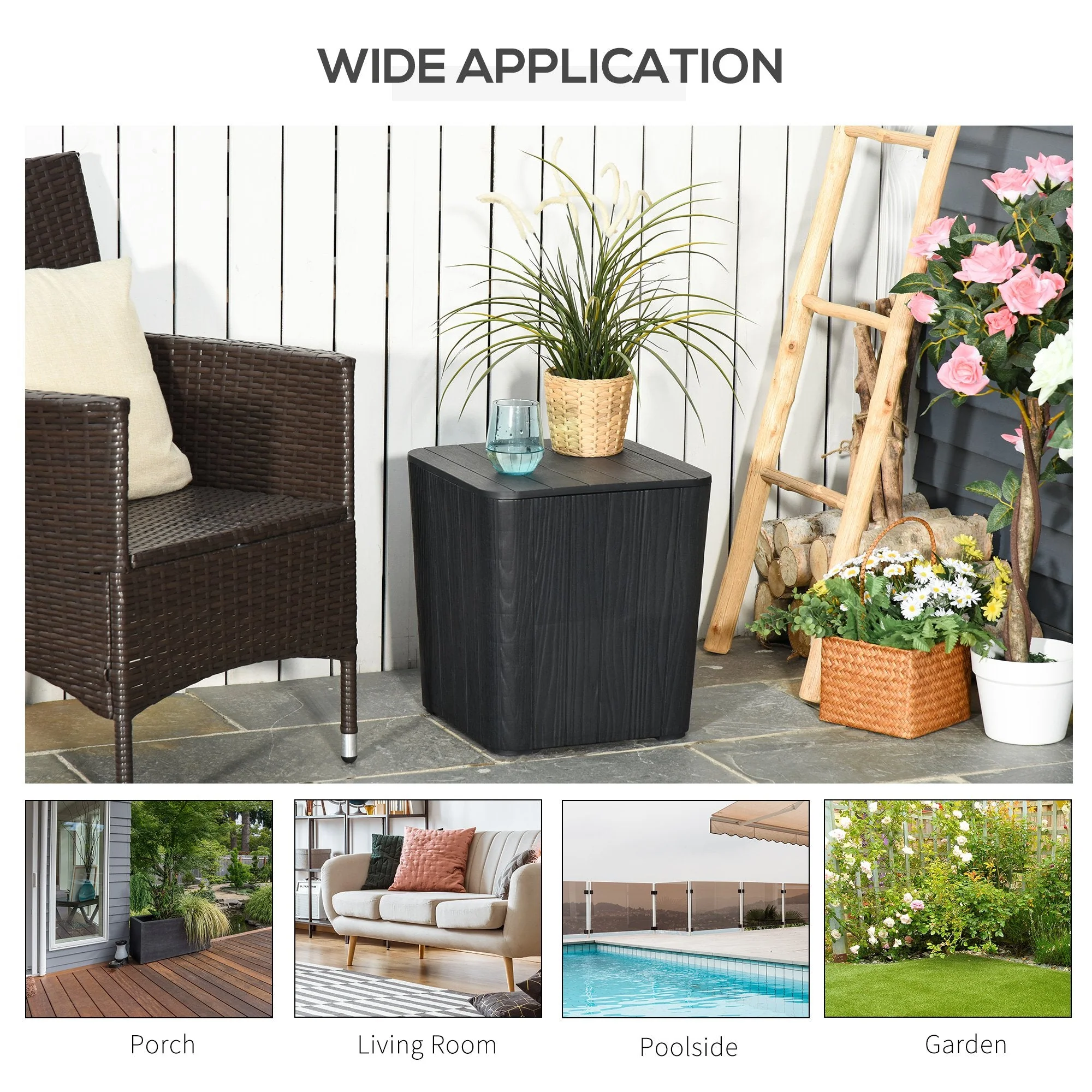 Wood Effect Coffee Table Square Storage Box Garden Furniture Bucket Patio Black - Image 6