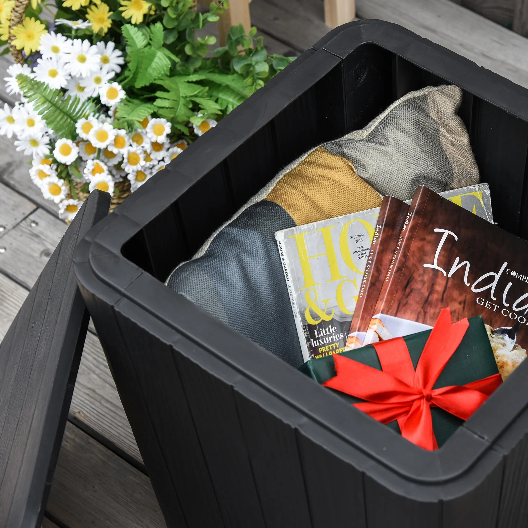 Wood Effect Coffee Table Square Storage Box Garden Furniture Bucket Patio Black - Image 7