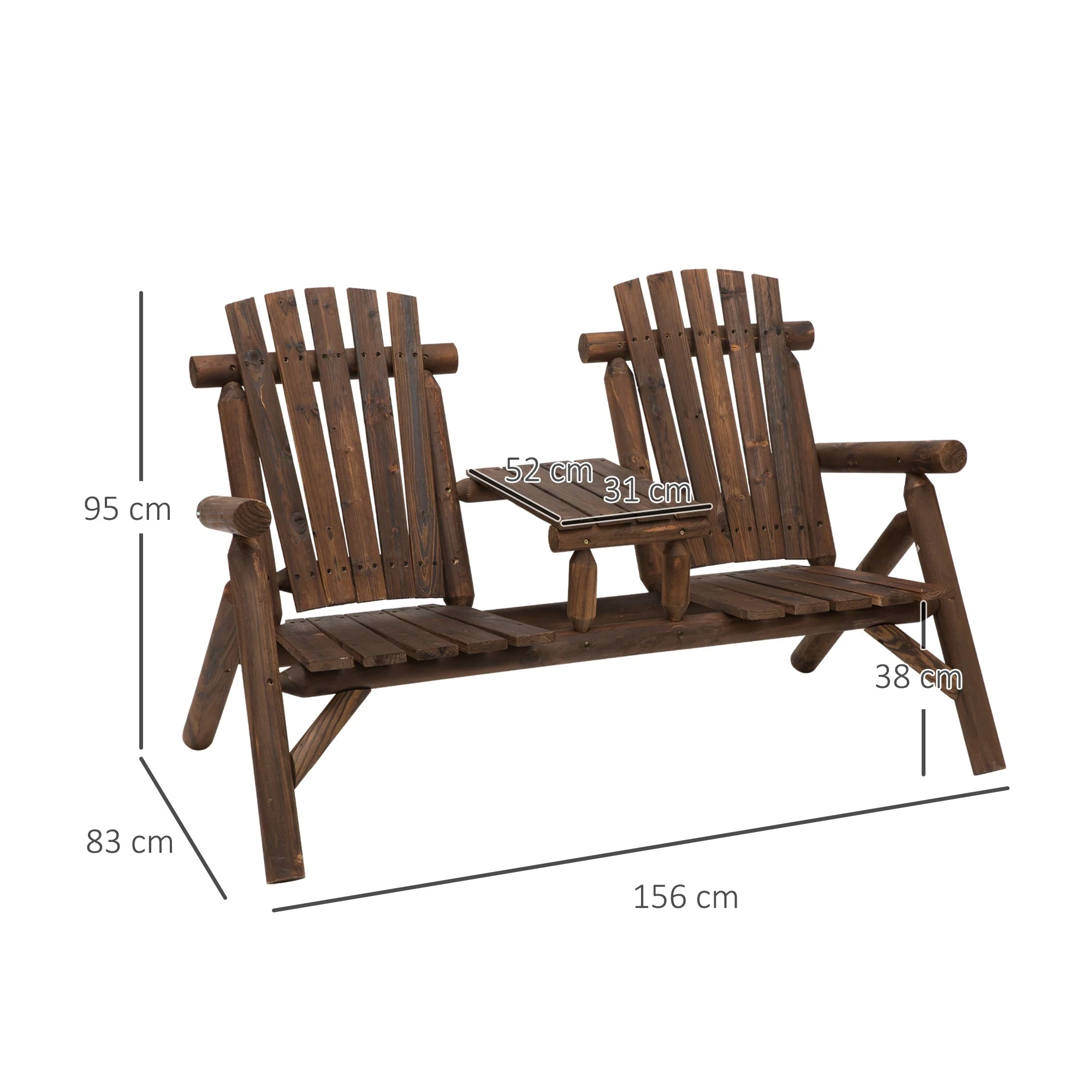 Wood Patio Chair Bench 2 Seat Jack and Jill Seat w/ Center Coffee Table - Image 3