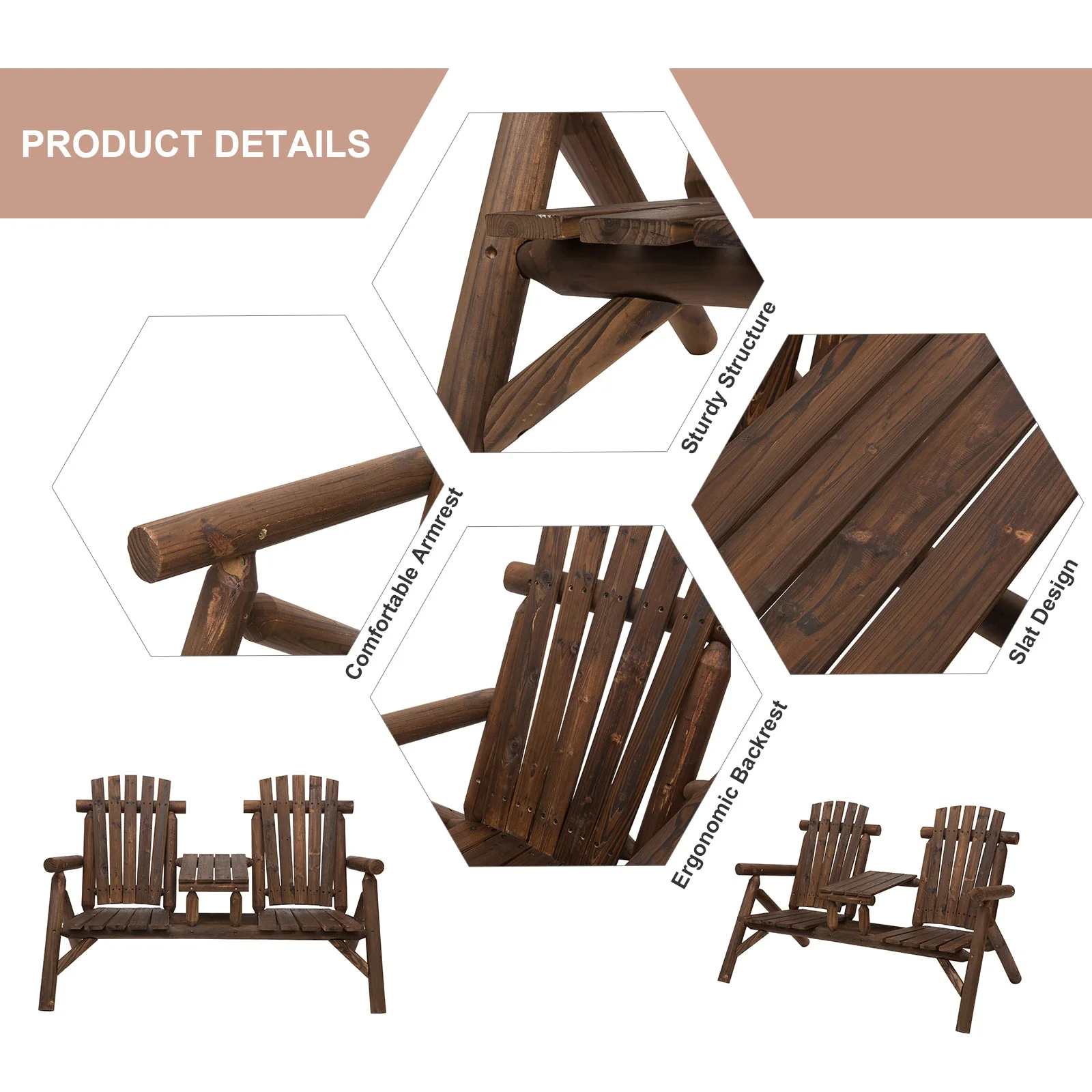 Wood Patio Chair Bench 2 Seat Jack and Jill Seat w/ Center Coffee Table - Image 4