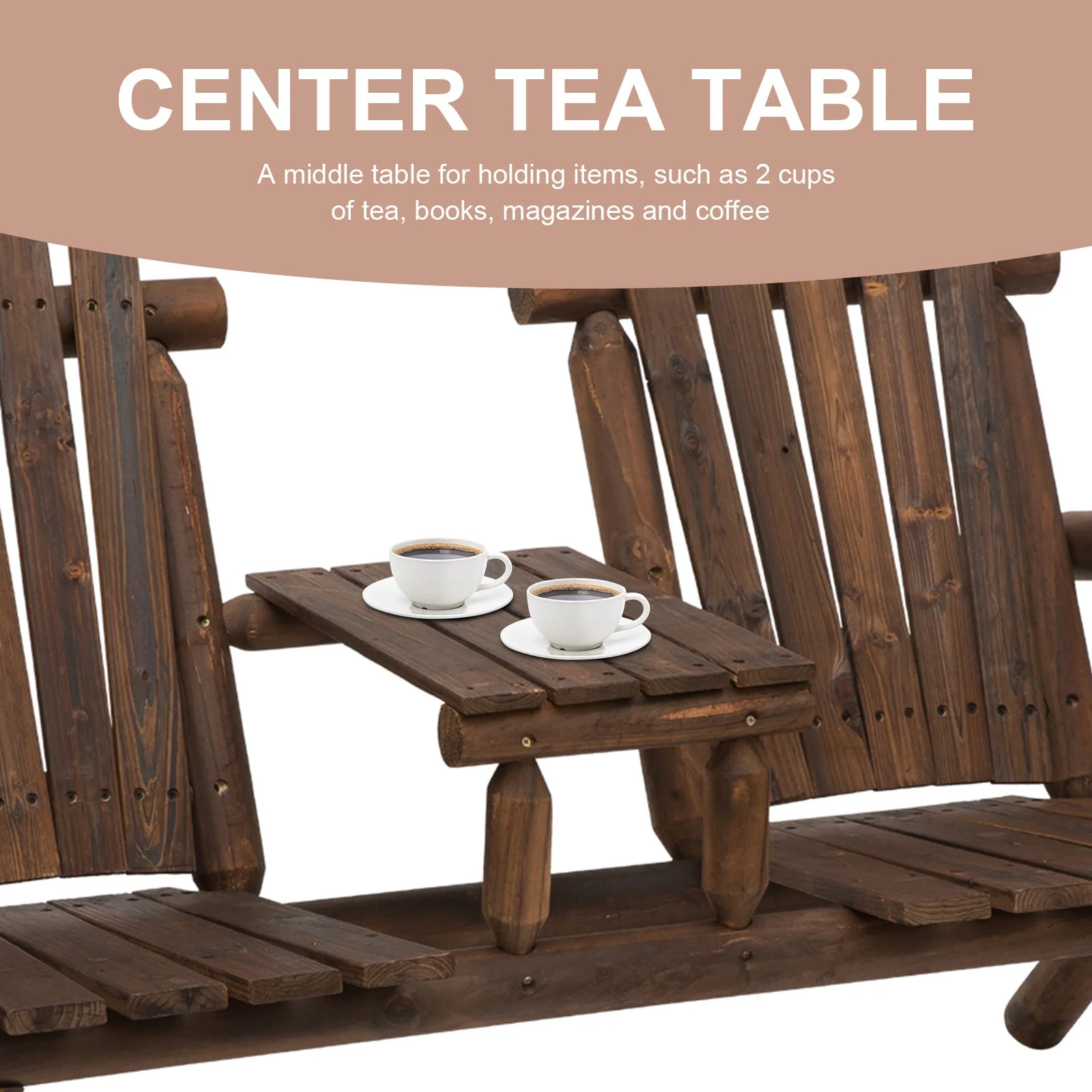 Wood Patio Chair Bench 2 Seat Jack and Jill Seat w/ Center Coffee Table - Image 6