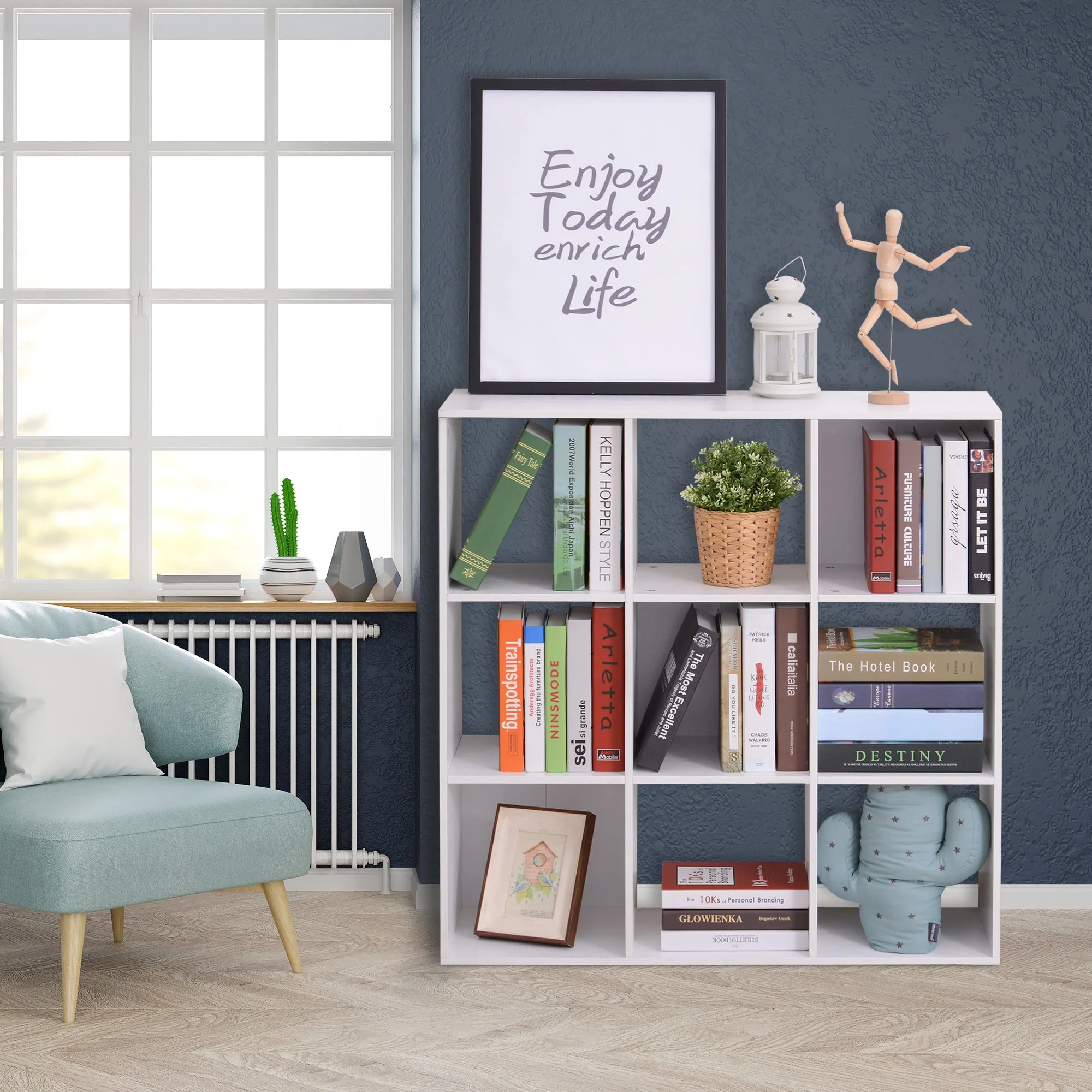 Wooden 9 Cube Storage Cabinet Unit 3 Tier Bookcase Shelves Organiser Rack Display - White - Image 2