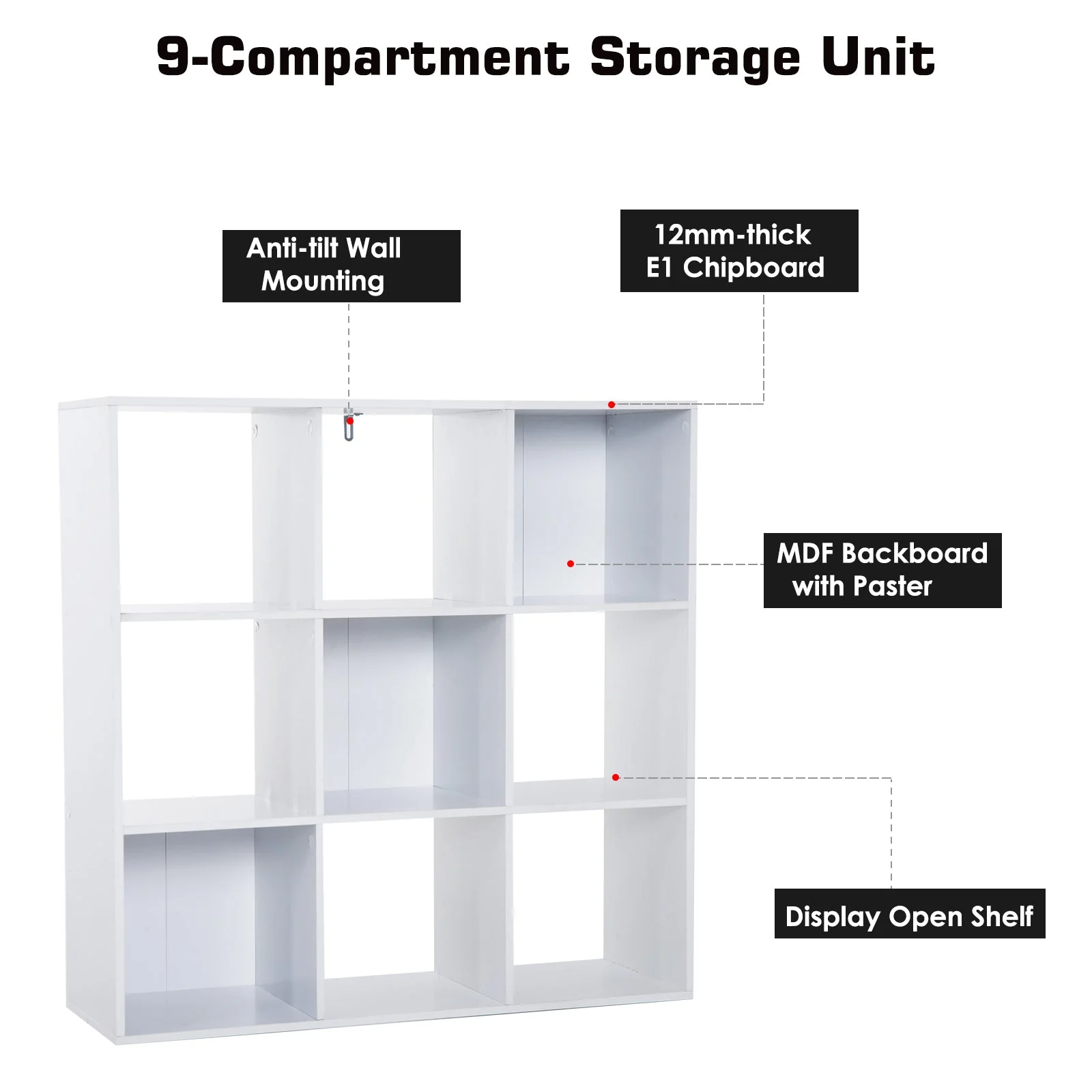 Wooden 9 Cube Storage Cabinet Unit 3 Tier Bookcase Shelves Organiser Rack Display - White - Image 4