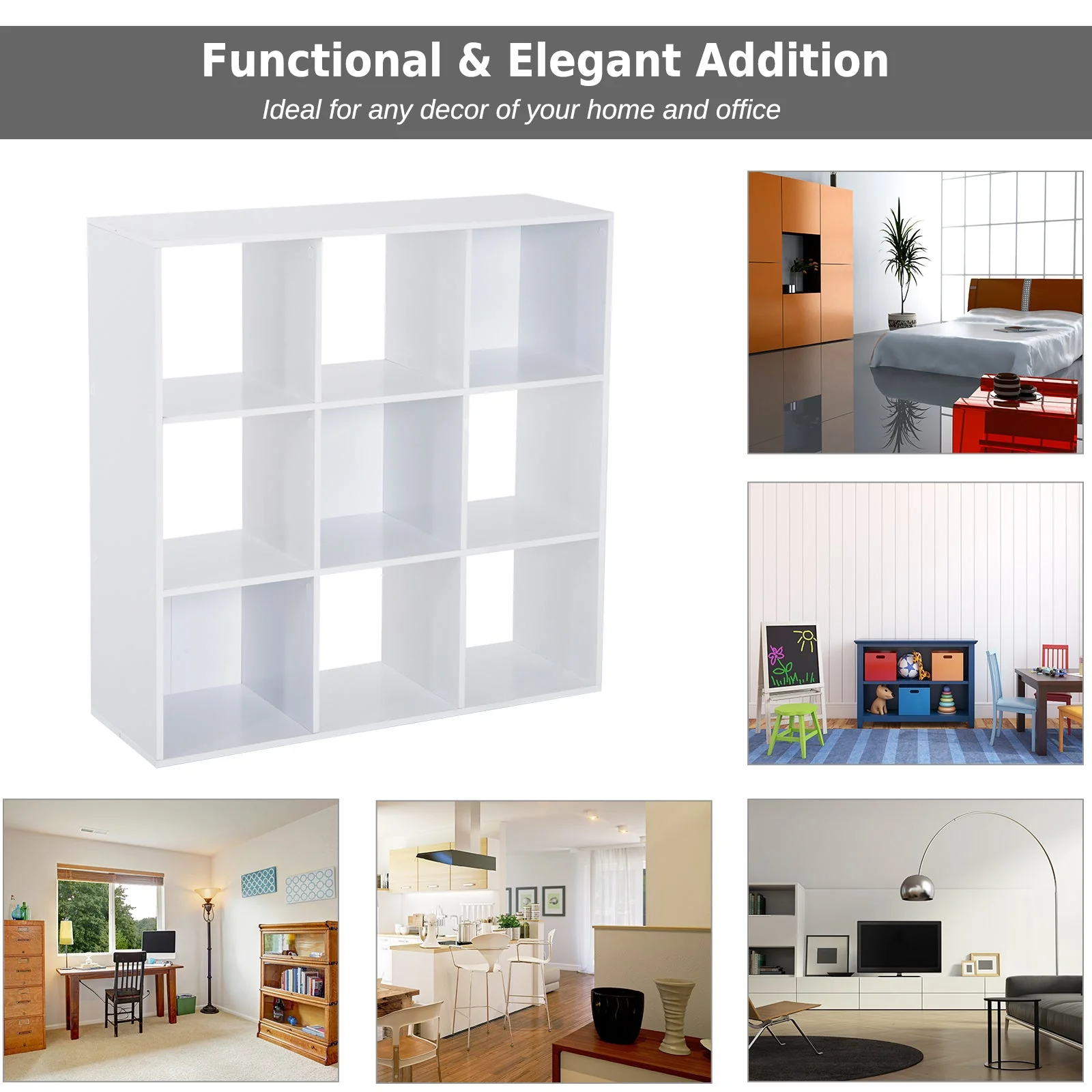 Wooden 9 Cube Storage Cabinet Unit 3 Tier Bookcase Shelves Organiser Rack Display - White - Image 5