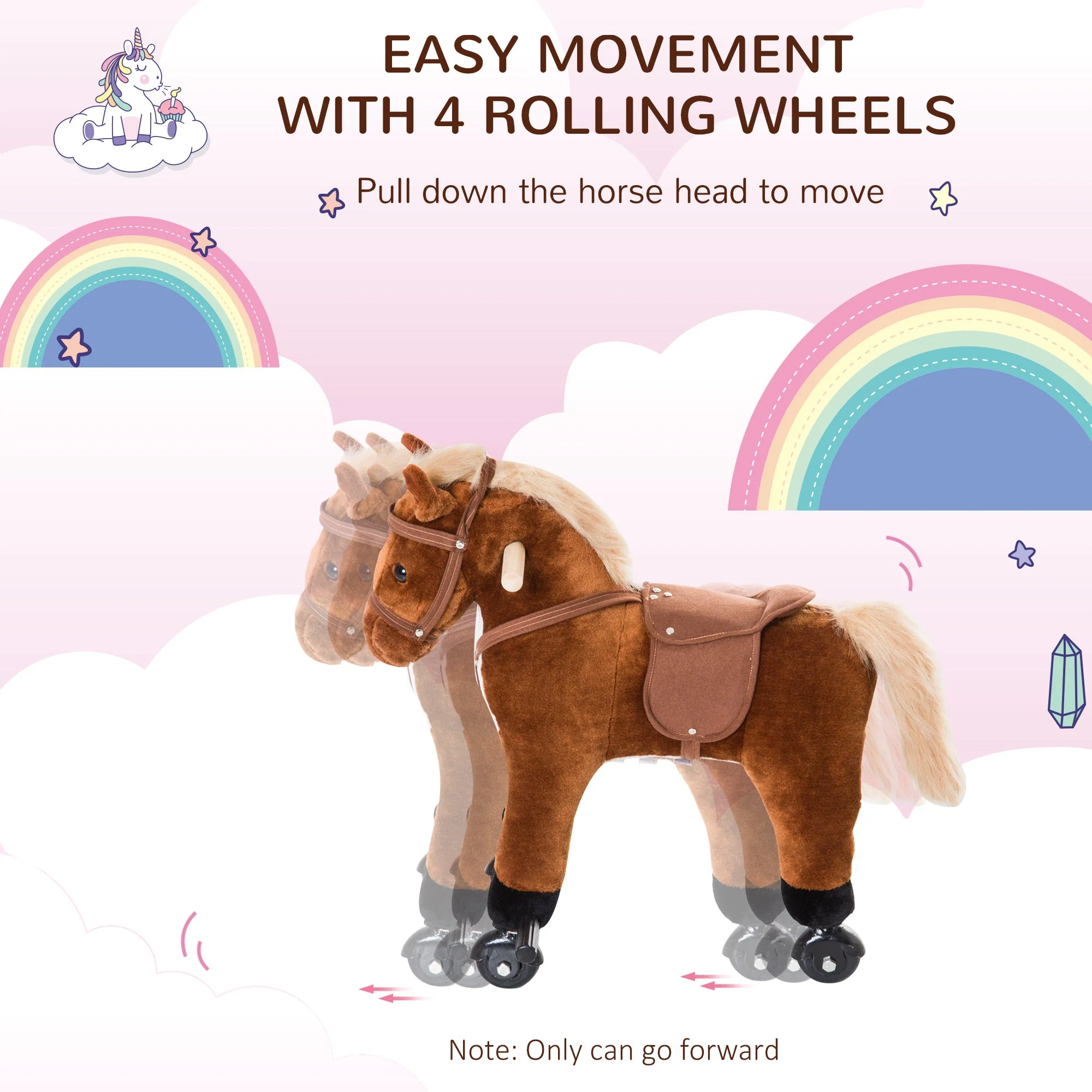 Wooden Action Pony Wheeled Walking Horse Riding Little Baby Plush Toy Wooden Style Ride on Animal Kids Gift w/Sound Brown - Image 4
