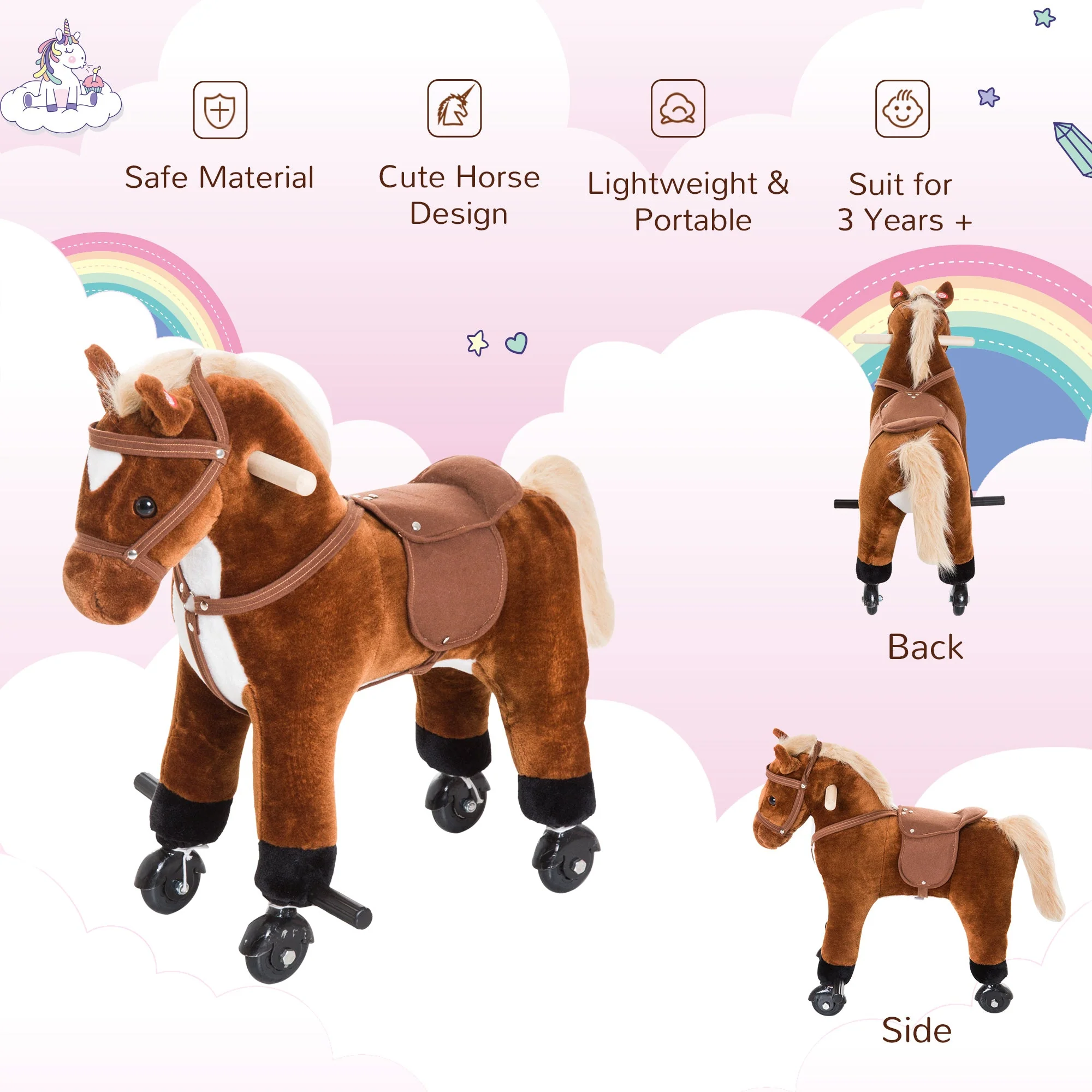 Wooden Action Pony Wheeled Walking Horse Riding Little Baby Plush Toy Wooden Style Ride on Animal Kids Gift w/Sound Brown - Image 5