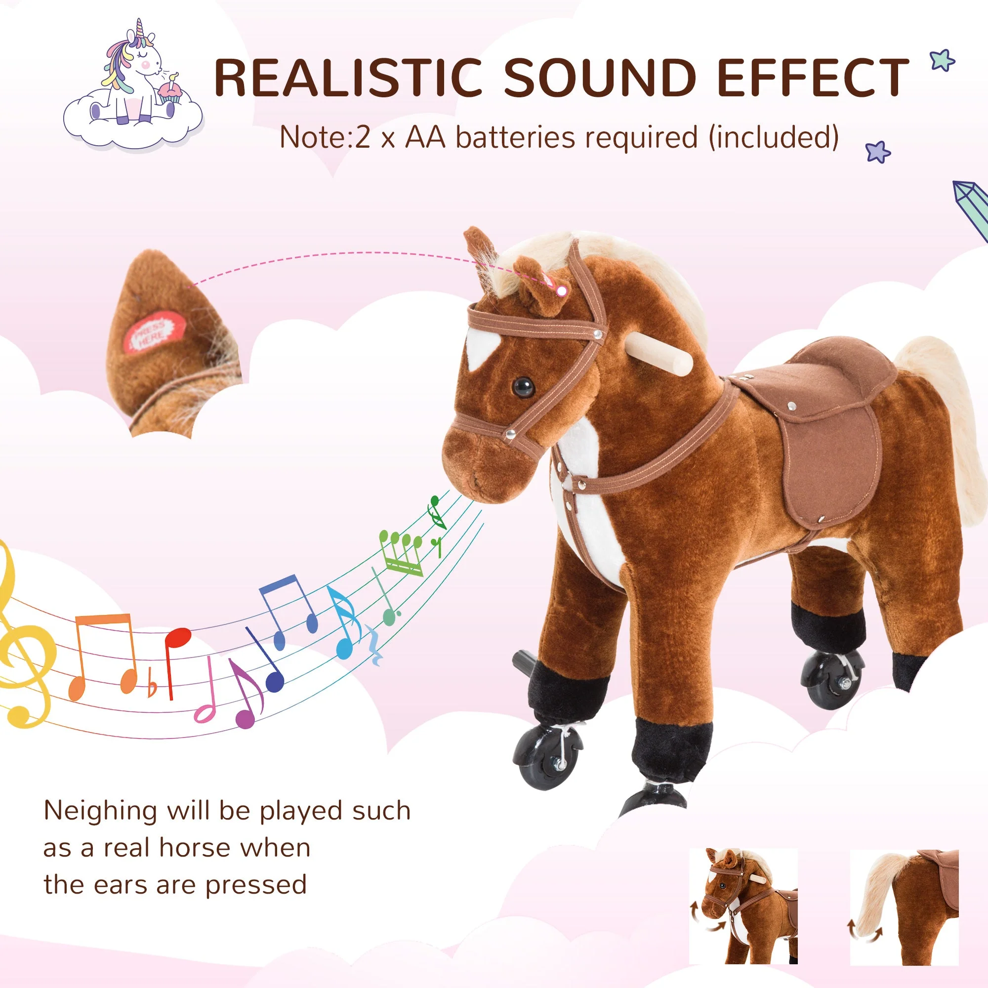Wooden Action Pony Wheeled Walking Horse Riding Little Baby Plush Toy Wooden Style Ride on Animal Kids Gift w/Sound Brown - Image 6