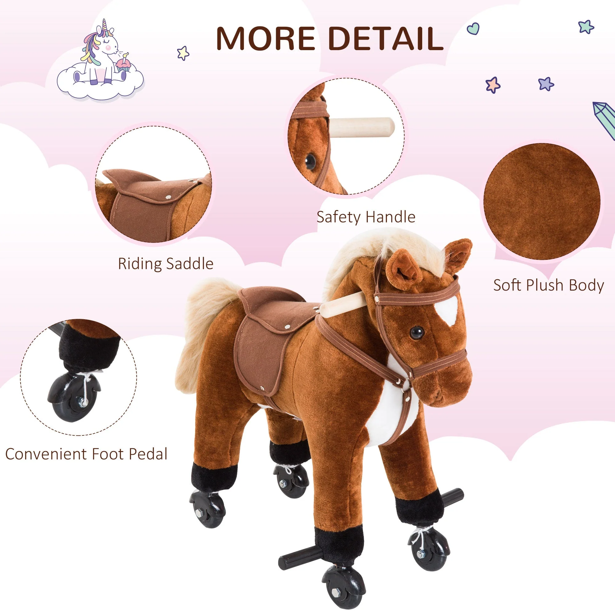 Wooden Action Pony Wheeled Walking Horse Riding Little Baby Plush Toy Wooden Style Ride on Animal Kids Gift w/Sound Brown - Image 7