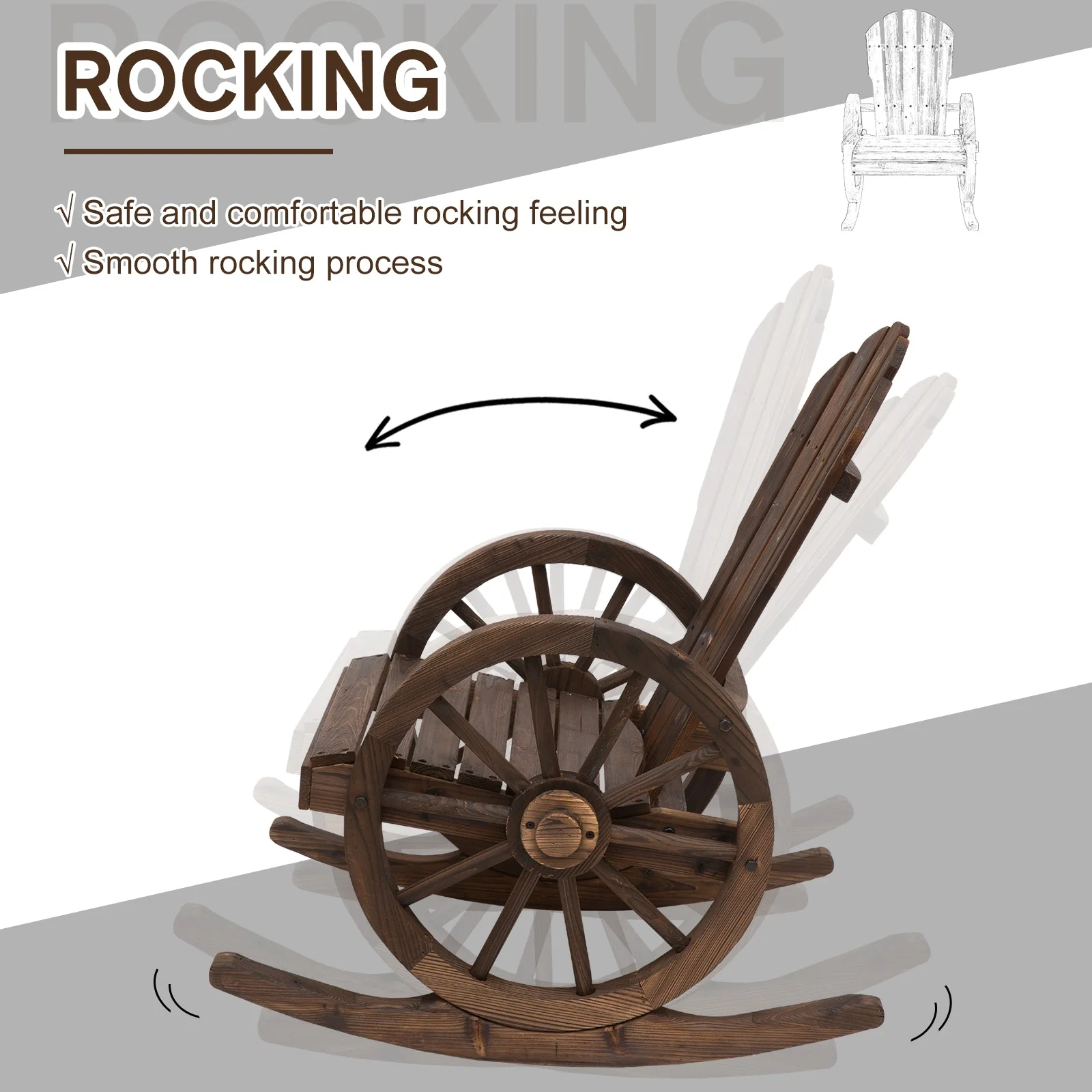 Wooden Adirondack Rocking Chair Reclining Armchair Outdoor Garden Furniture Patio Porch Rocker - Carbonized Wood Colour - Image 4