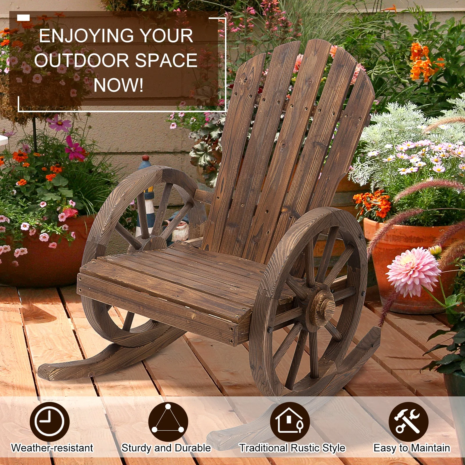 Wooden Adirondack Rocking Chair Reclining Armchair Outdoor Garden Furniture Patio Porch Rocker - Carbonized Wood Colour - Image 5