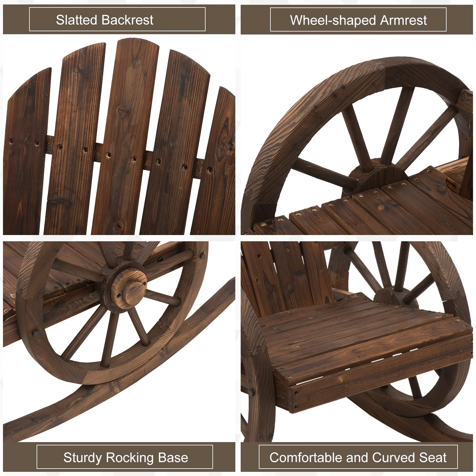 Wooden Adirondack Rocking Chair Reclining Armchair Outdoor Garden Furniture Patio Porch Rocker - Carbonized Wood Colour - Image 7