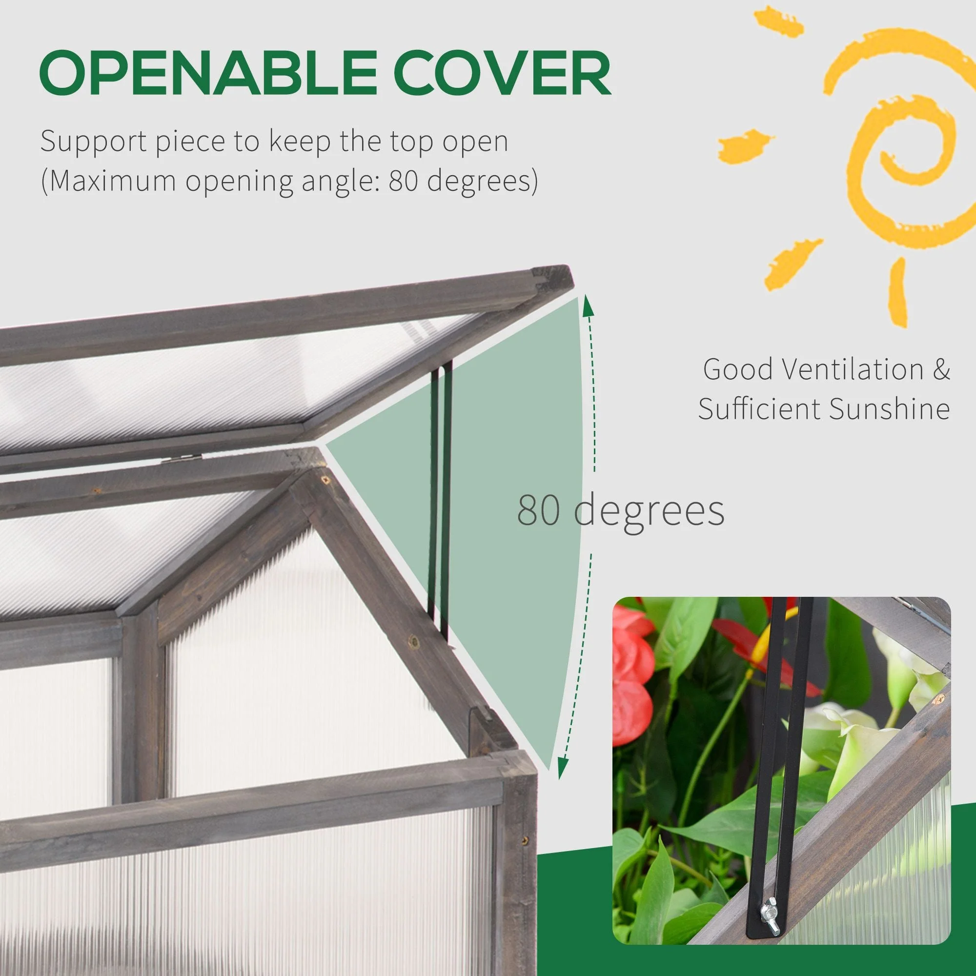 Wooden Cold Frame Garden Polycarbonate Greenhouse with Openable Top Cover - Image 5