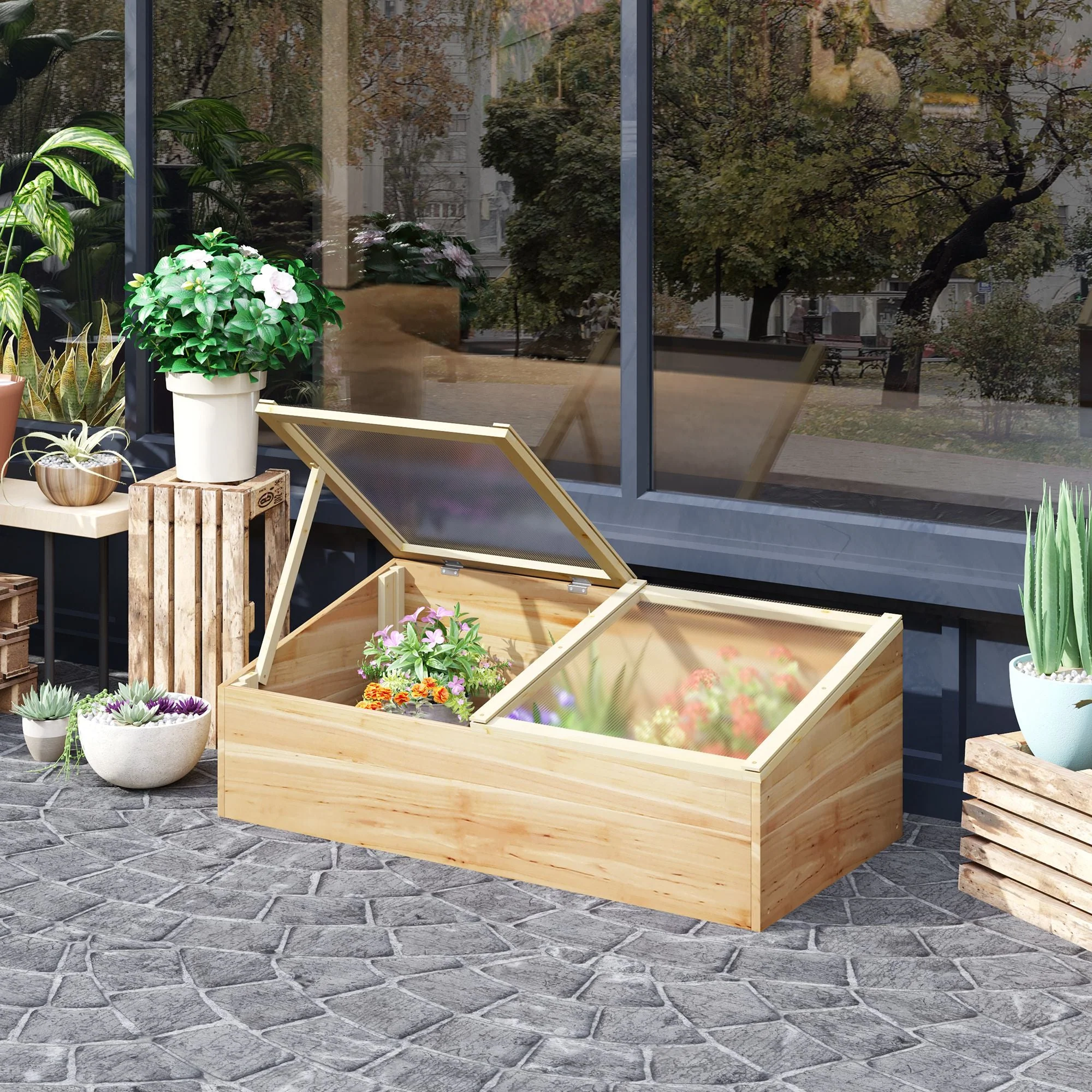 Wooden Cold Frame Greenhouse Garden Polycarbonate Grow House with Independent Openable Top Covers for Flowers - Image 2